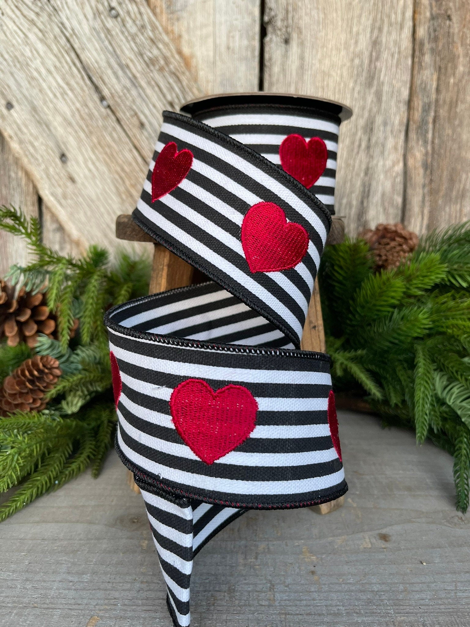 2.5" Valentine's Ribbon, 5 YARDS, Black and White striped ribbon