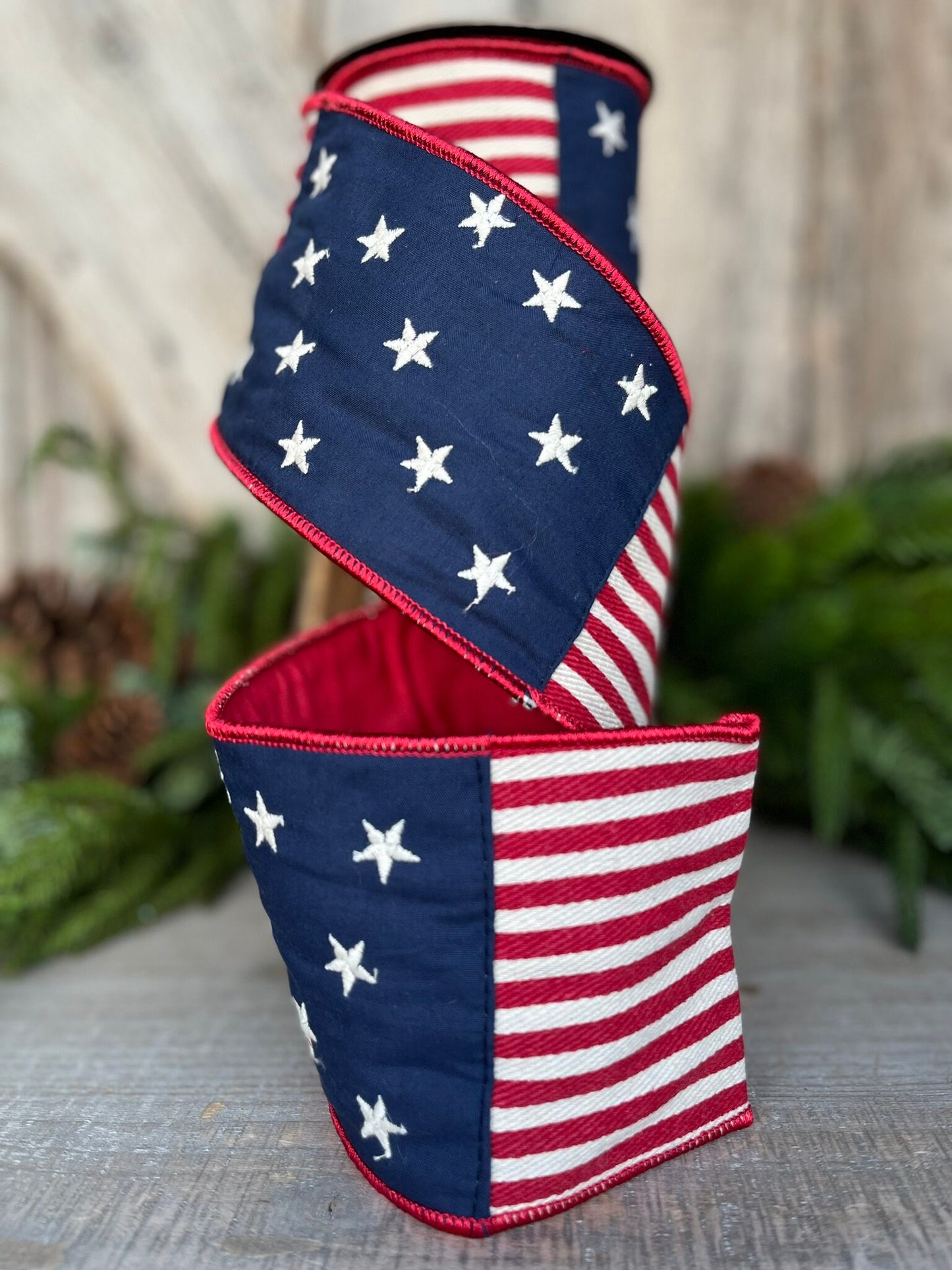 4" Patriotic Plaid Ribbon, D Stevens Ribbon, Stars Stripes Ribbon