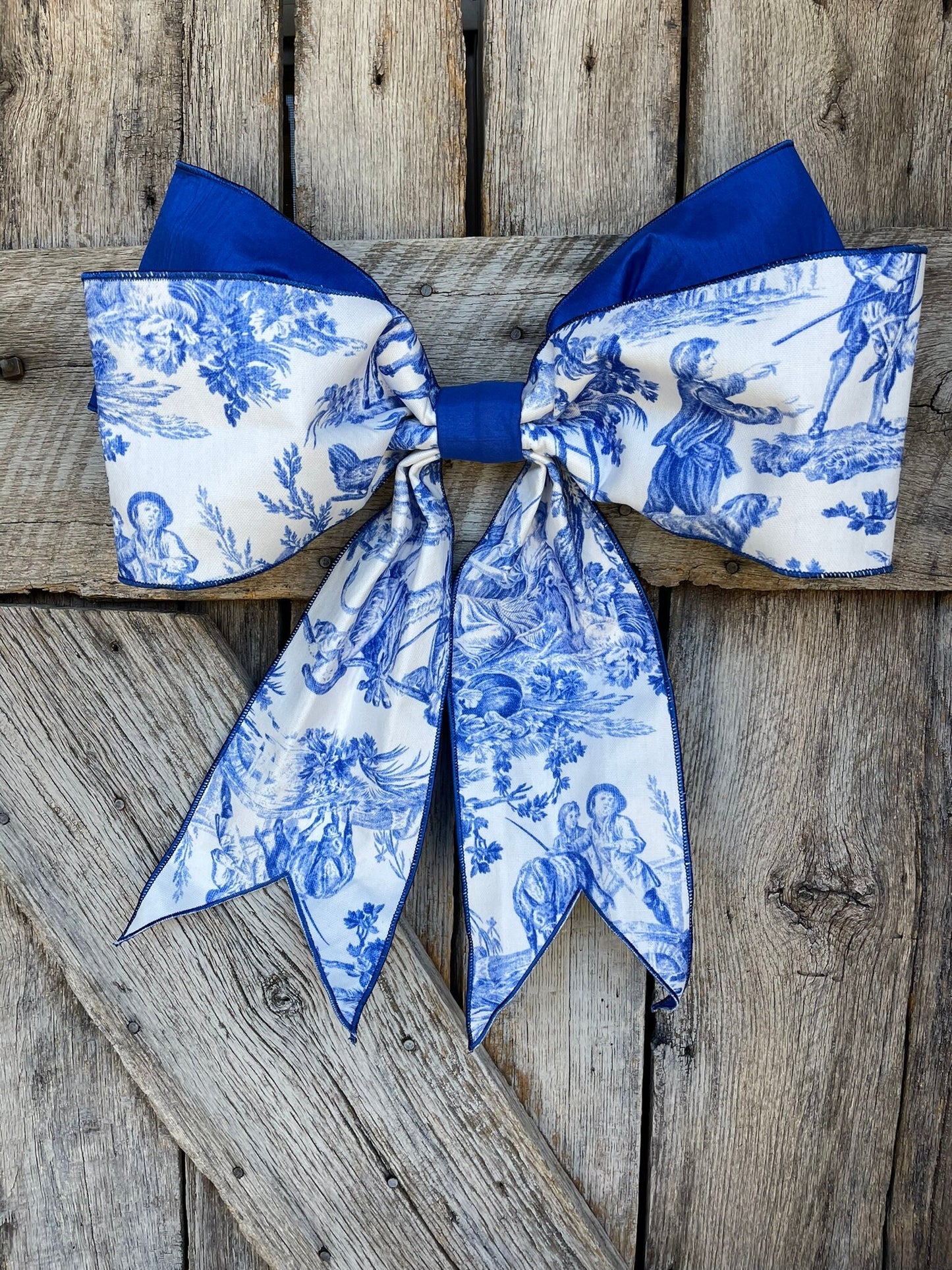 19” x 16“ Blue Chinoiserie Bow, Jumbo Blue and White Chinoiserie Ribbon, Wired RIbbon