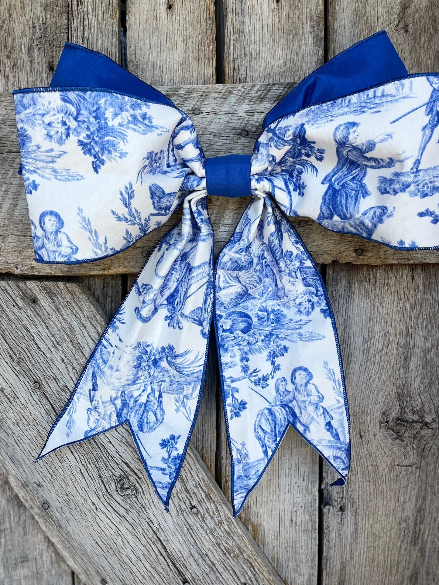 19” x 16“ Blue Chinoiserie Bow, Jumbo Blue and White Chinoiserie Ribbon, Wired RIbbon