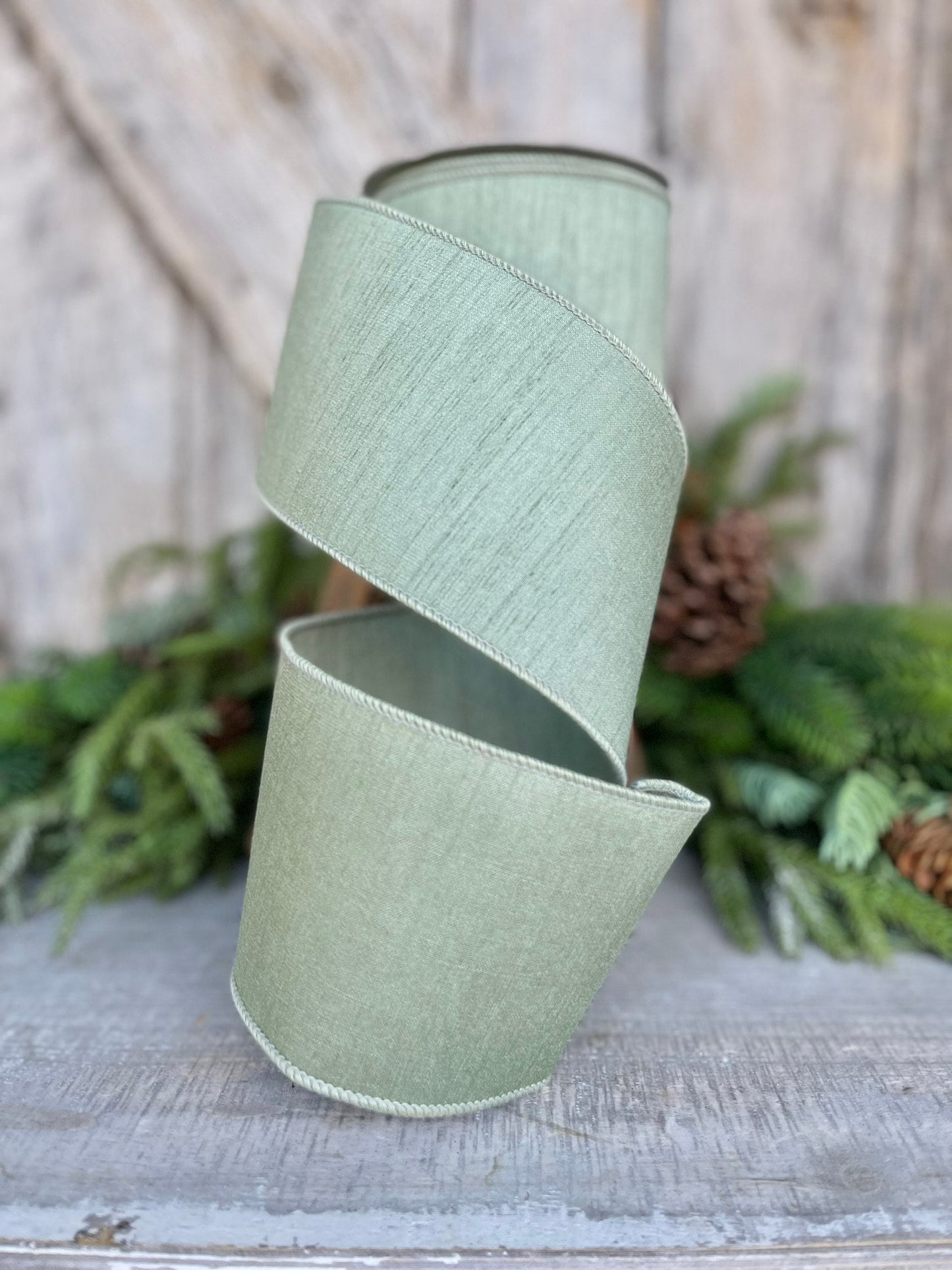 4" Sage Green Dupion Ribbon, Farrisilk Ribbon, Wired Ribbon