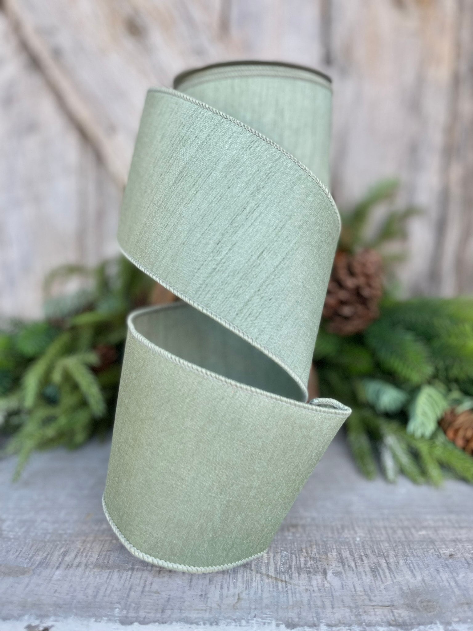 4" Sage Green Dupion Ribbon, Farrisilk Ribbon, Wired Ribbon