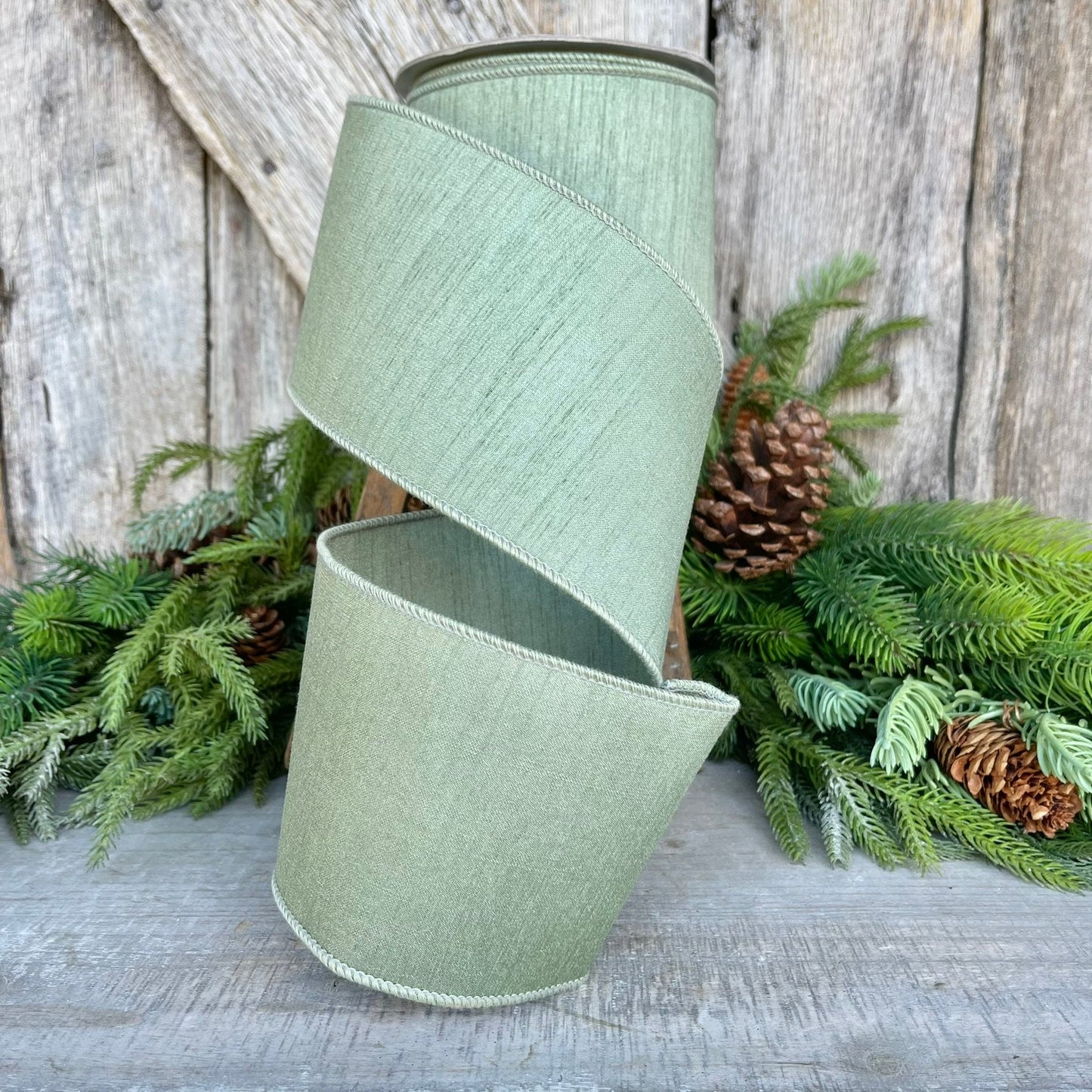 4" Sage Green Dupion Ribbon, Farrisilk Ribbon, Wired Ribbon