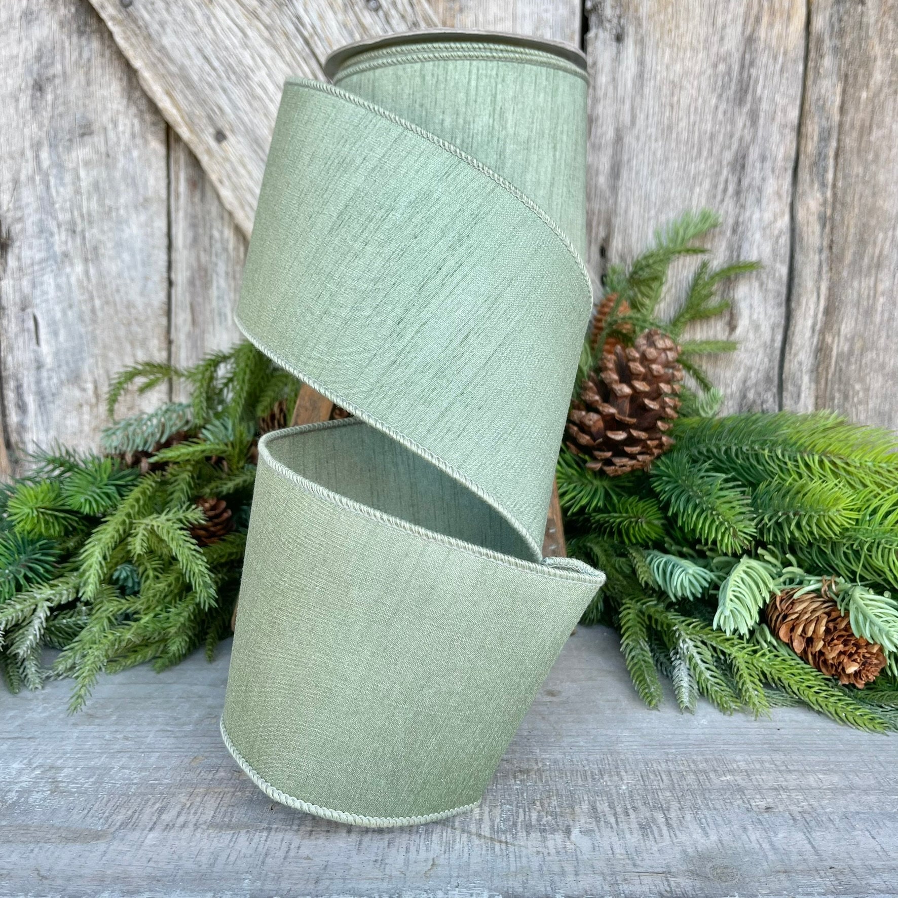 4" Sage Green Dupion Ribbon, Farrisilk Ribbon, Wired Ribbon