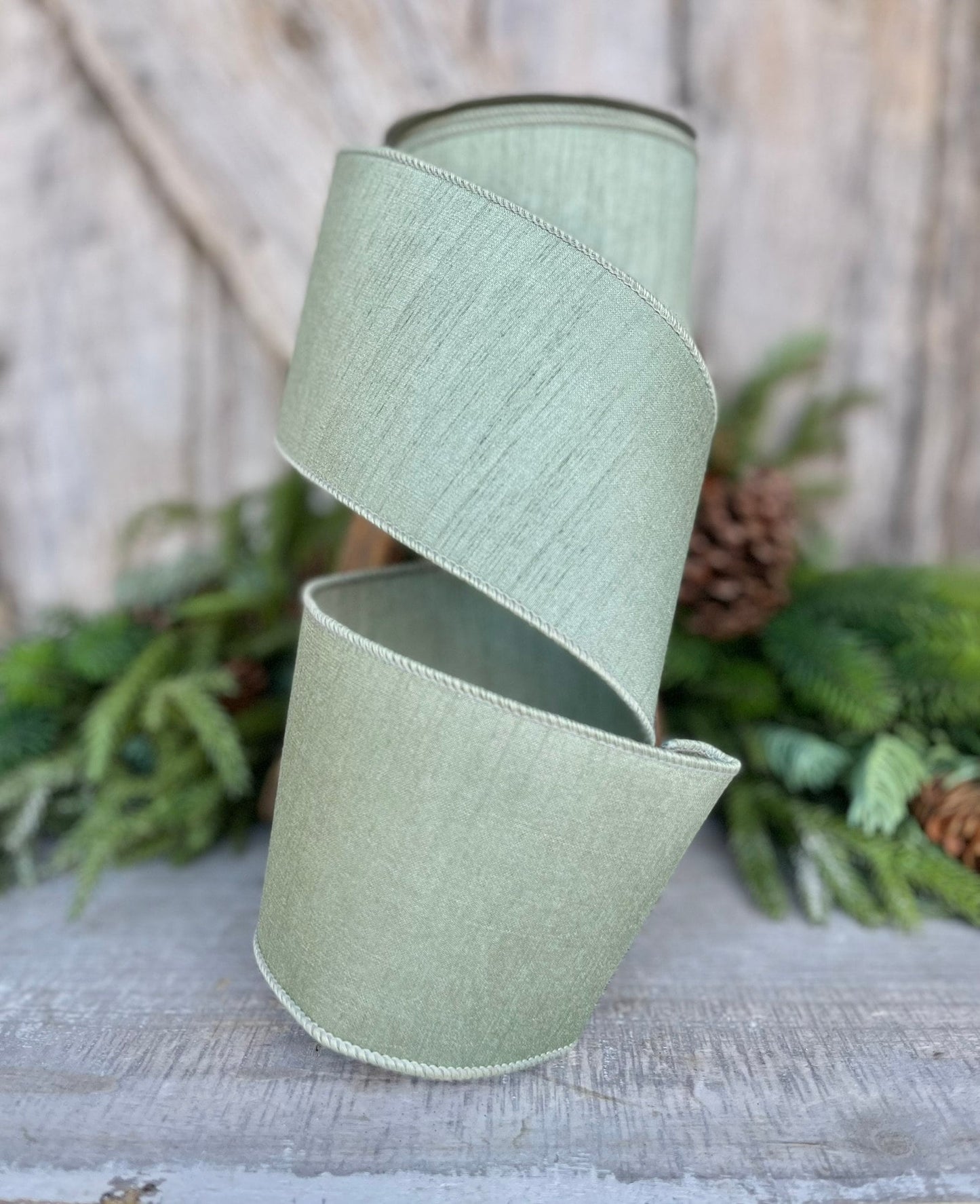 4" Sage Green Dupion Ribbon, Farrisilk Ribbon, Wired Ribbon