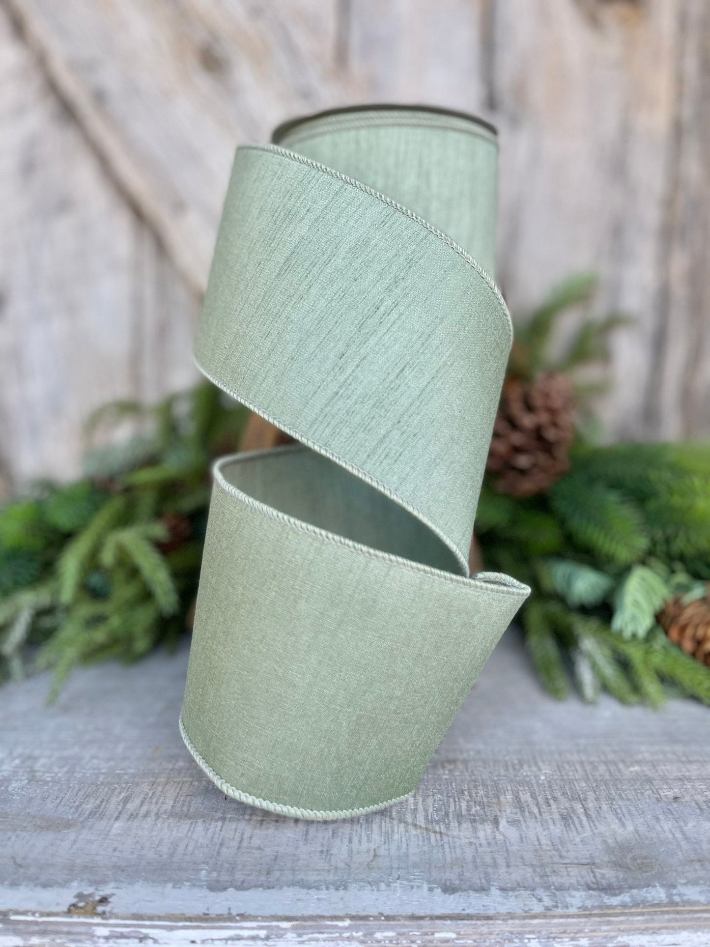 4" Sage Green Dupion Ribbon, Farrisilk Ribbon, Wired Ribbon