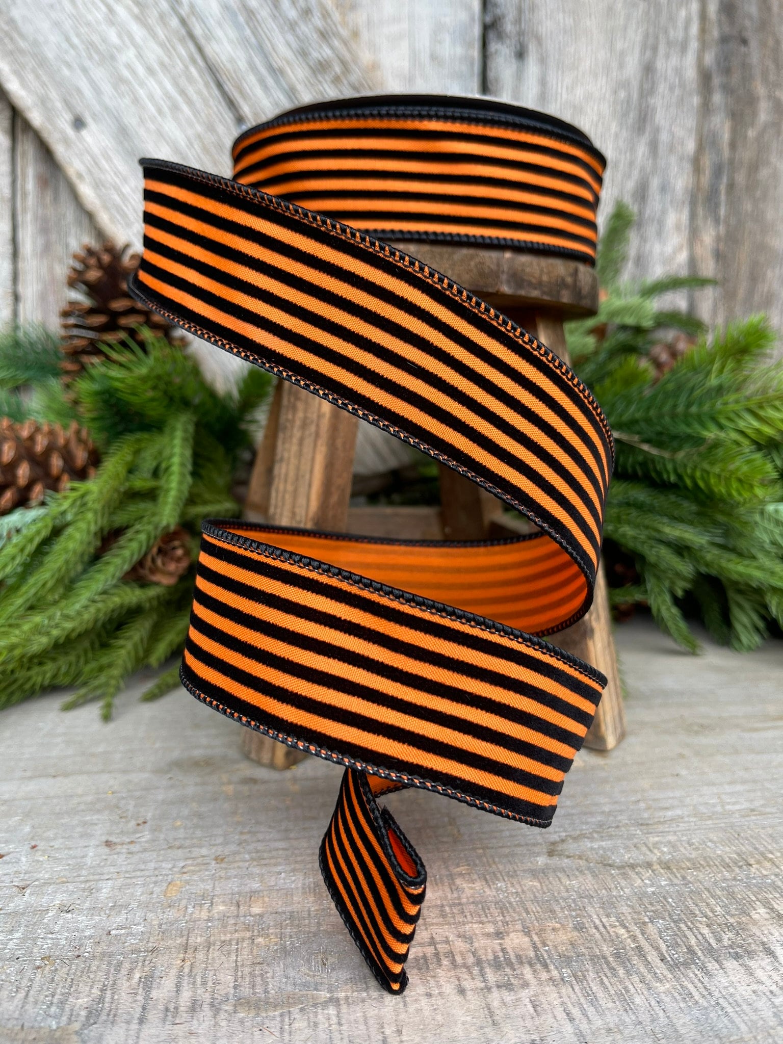 1.5" Orange Black Sinister Stripes Wired Ribbon, Farrisilk Ribbon, Designer Ribbon