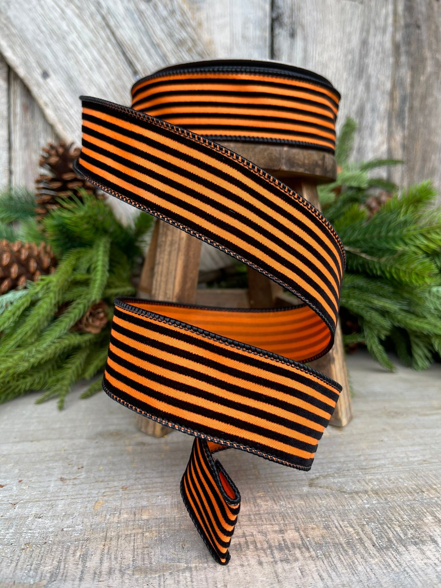 1.5" Orange Black Sinister Stripes Wired Ribbon, Farrisilk Ribbon, Designer Ribbon