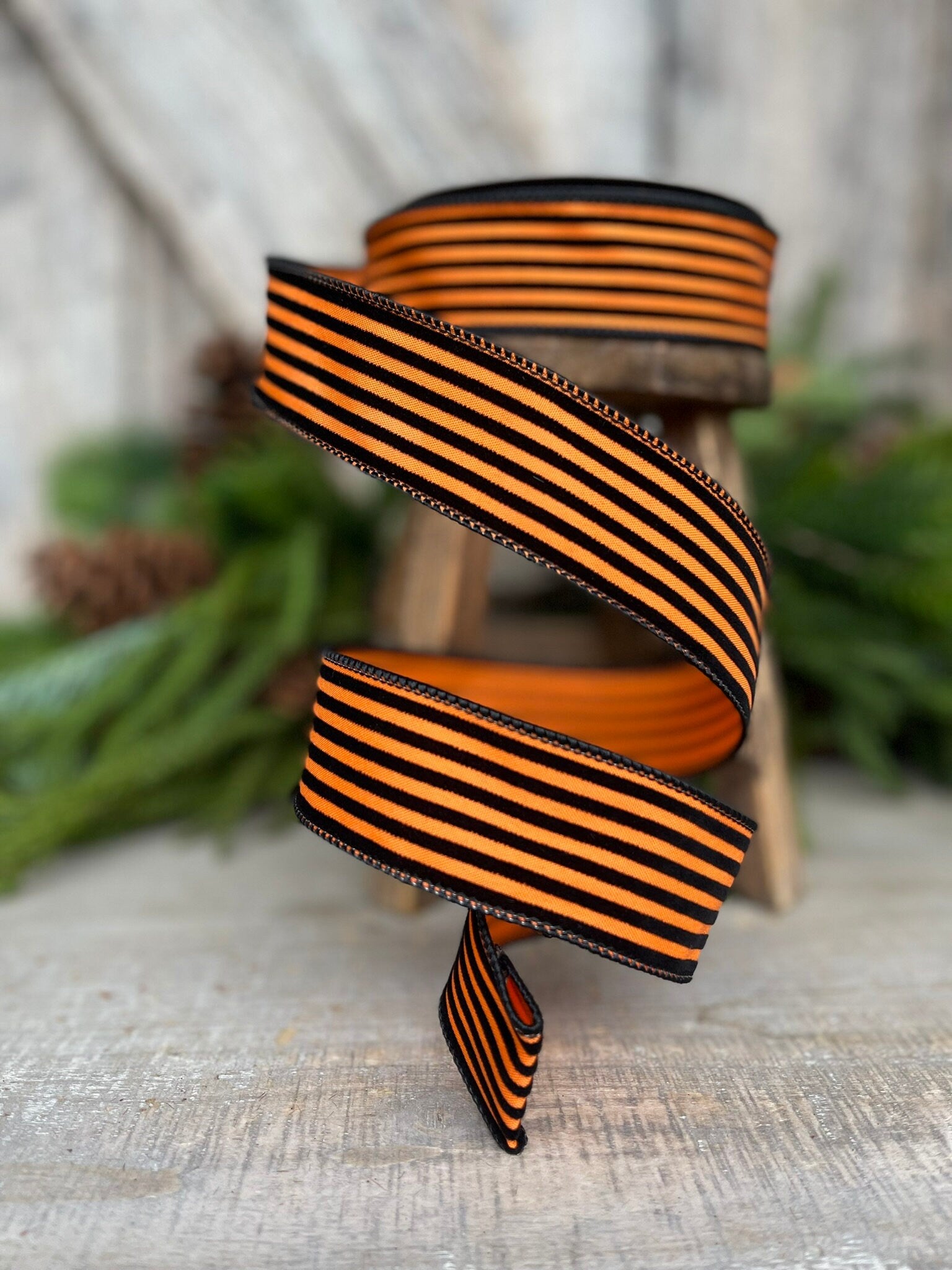 1.5" Orange Black Sinister Stripes Wired Ribbon, Farrisilk Ribbon, Designer Ribbon