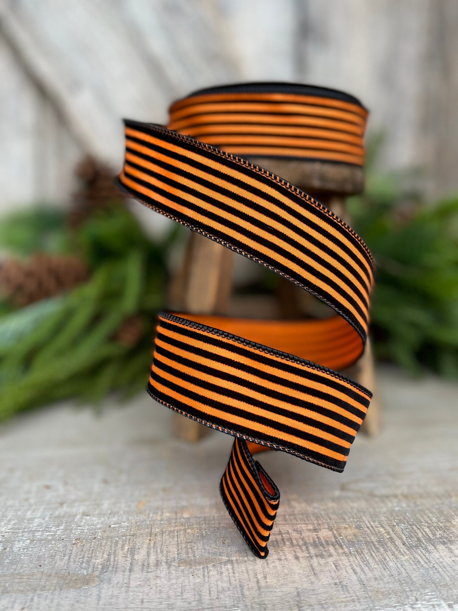 1.5" Orange Black Sinister Stripes Wired Ribbon, Farrisilk Ribbon, Designer Ribbon