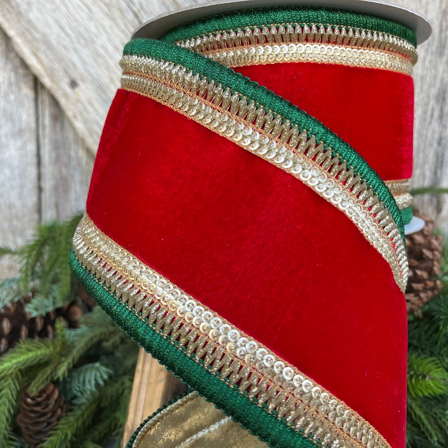 4" Red Emerald Green Gold Velvet, Farrisilk Ribbon, Royal Fringe Velvet