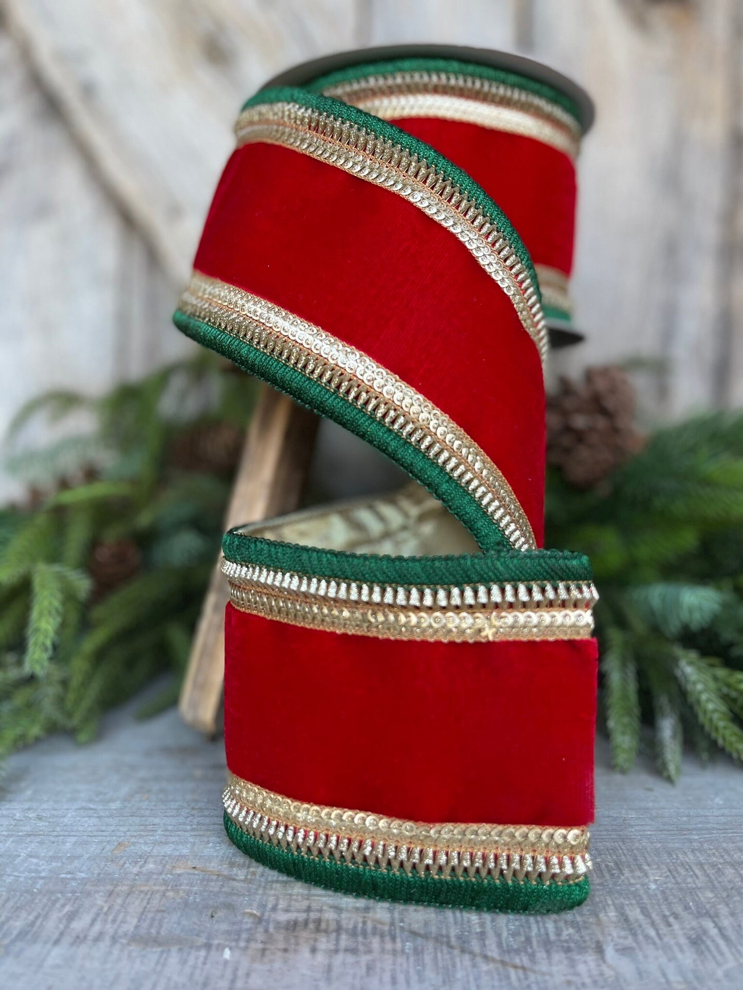 4" Red Emerald Green Gold Velvet, Farrisilk Ribbon, Royal Fringe Velvet