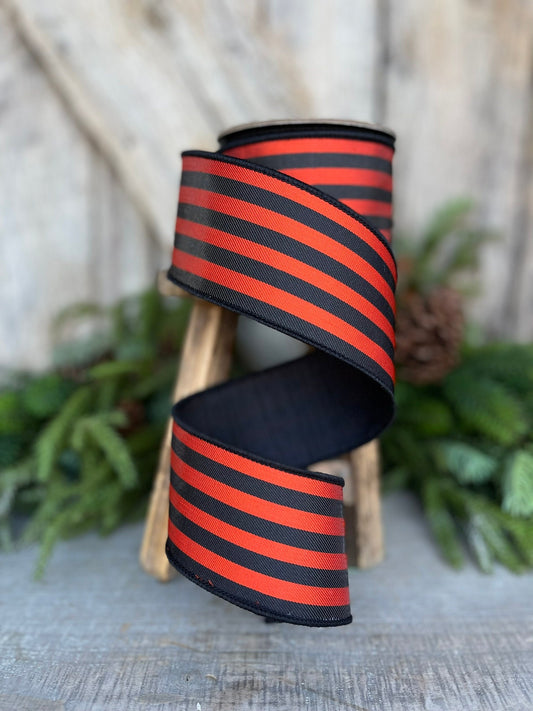 2.5" Orange Black Striped Wired Ribbon, Designer Ribbon