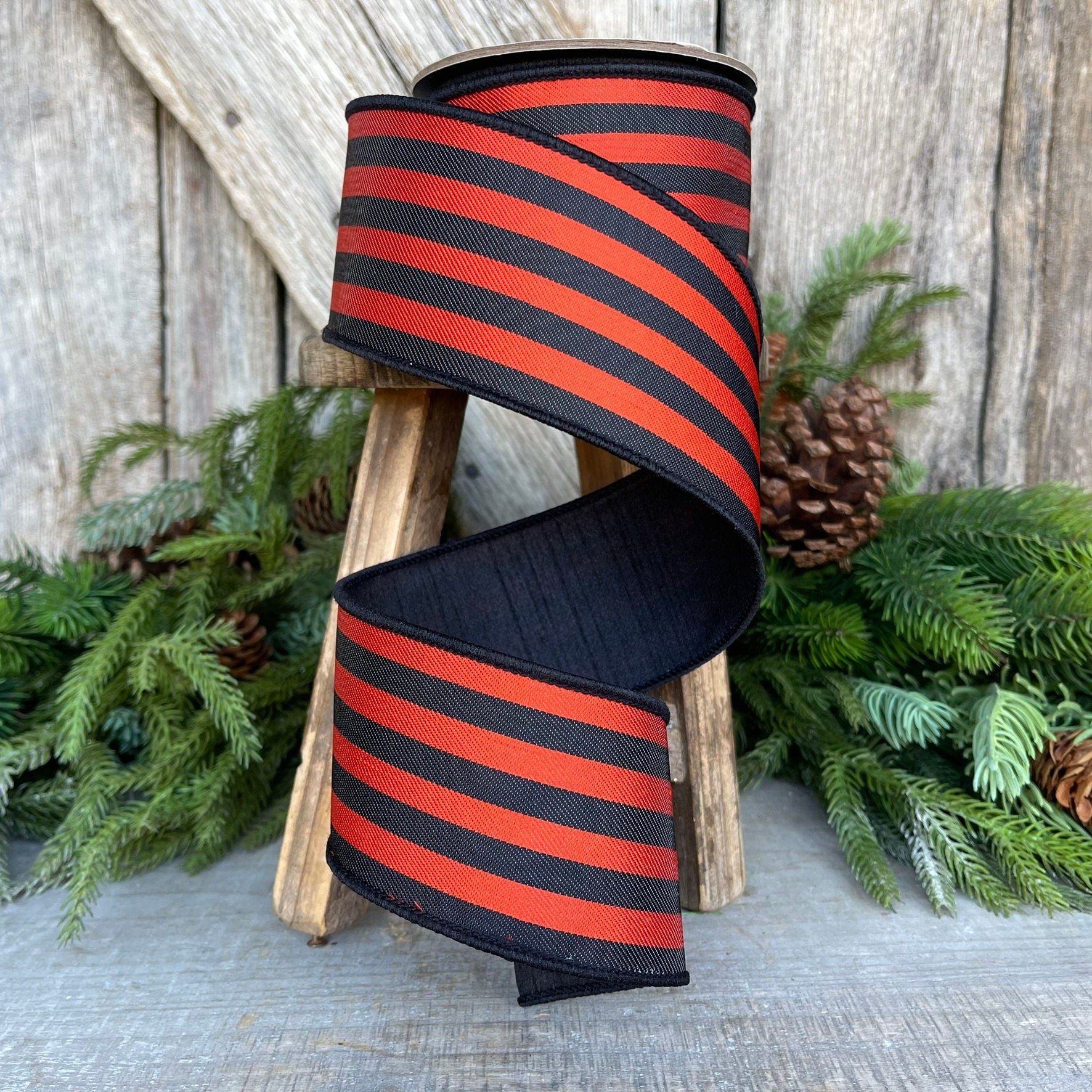 2.5" Orange Black Striped Wired Ribbon, Designer Ribbon