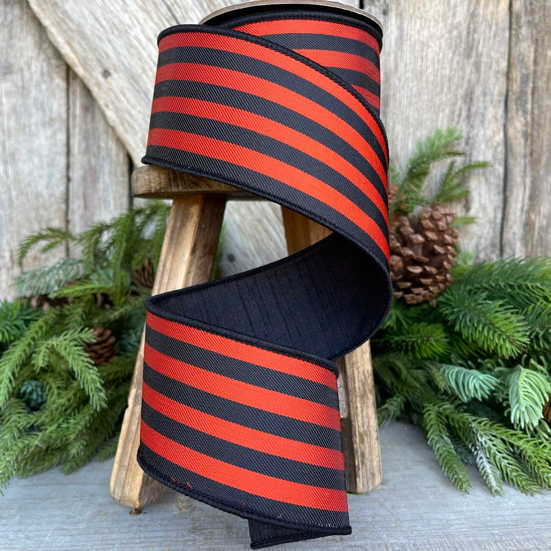 2.5" Orange Black Striped Wired Ribbon, Designer Ribbon