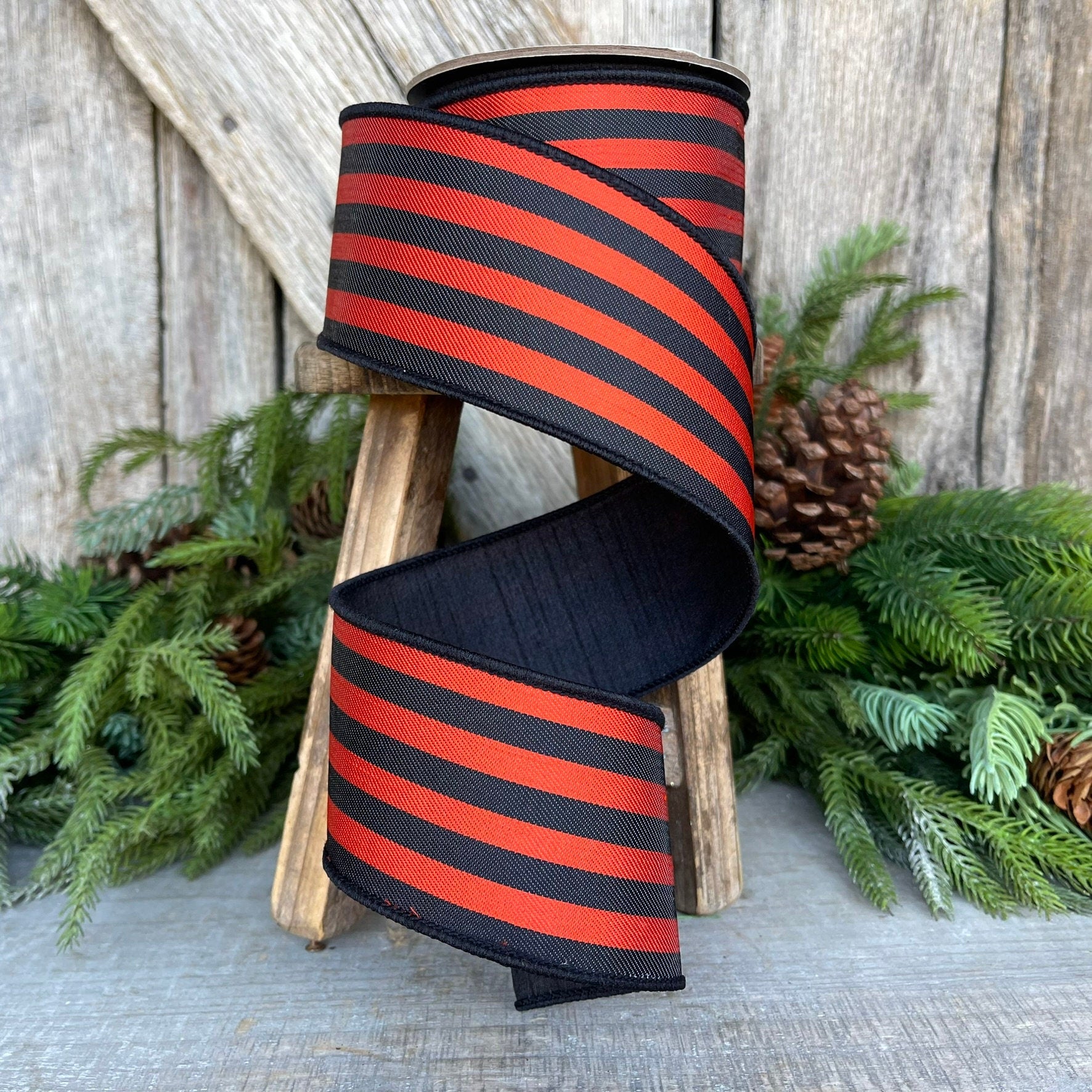 2.5" Orange Black Striped Wired Ribbon, Designer Ribbon