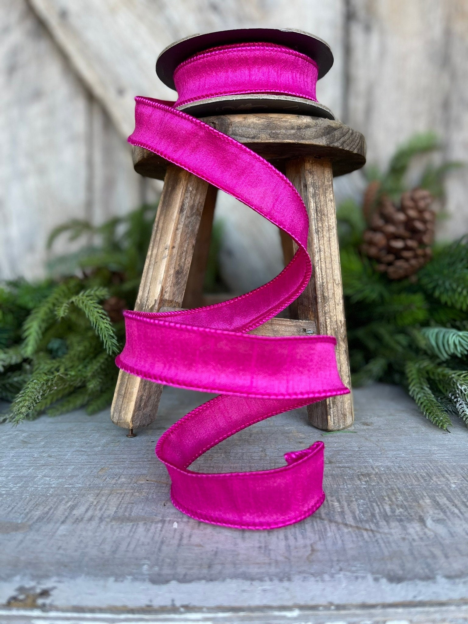 7/8" Hot Pink Dupioni Ribbon, Wired Ribbon,Narrow Ribbon,Skinny Ribbon, Ribbon for Bows