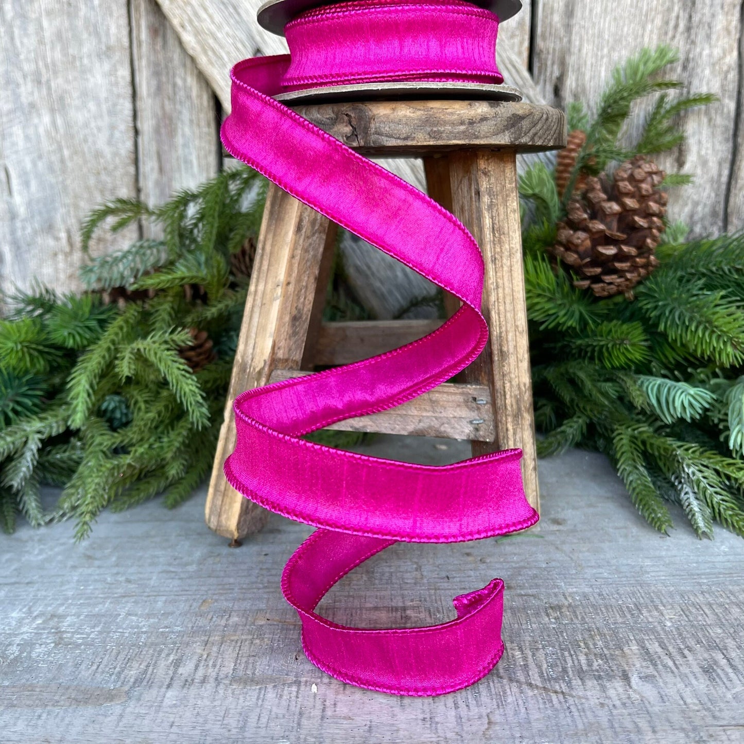 7/8" Hot Pink Dupioni Ribbon, Wired Ribbon,Narrow Ribbon,Skinny Ribbon, Ribbon for Bows