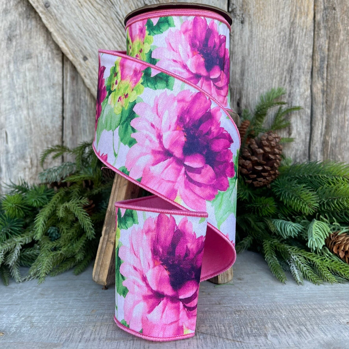 4" Pink Vibrant Peonies Ribbon, D. Stevens Ribbon, Floral Ribbon