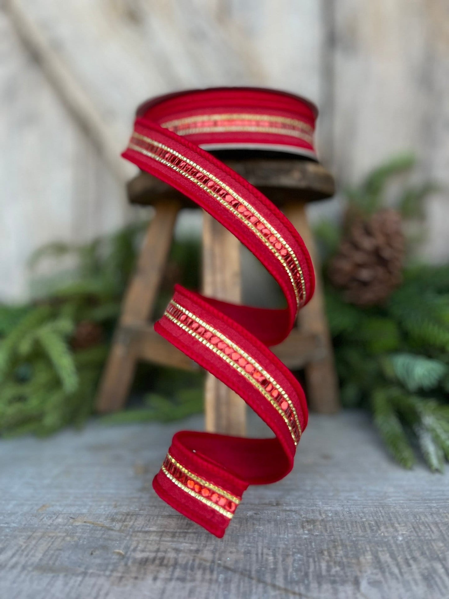 1" REd Twinkle Trim Ribbon, Farrisilk ribbon, REd Jeweled RIbbon