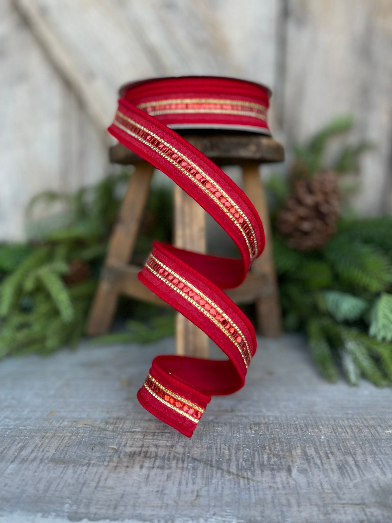 1" REd Twinkle Trim Ribbon, Farrisilk ribbon, REd Jeweled RIbbon