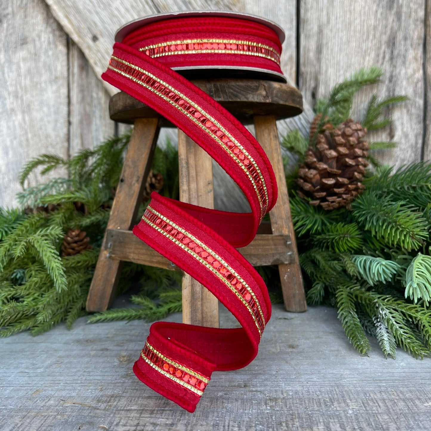 1" REd Twinkle Trim Ribbon, Farrisilk ribbon, REd Jeweled RIbbon