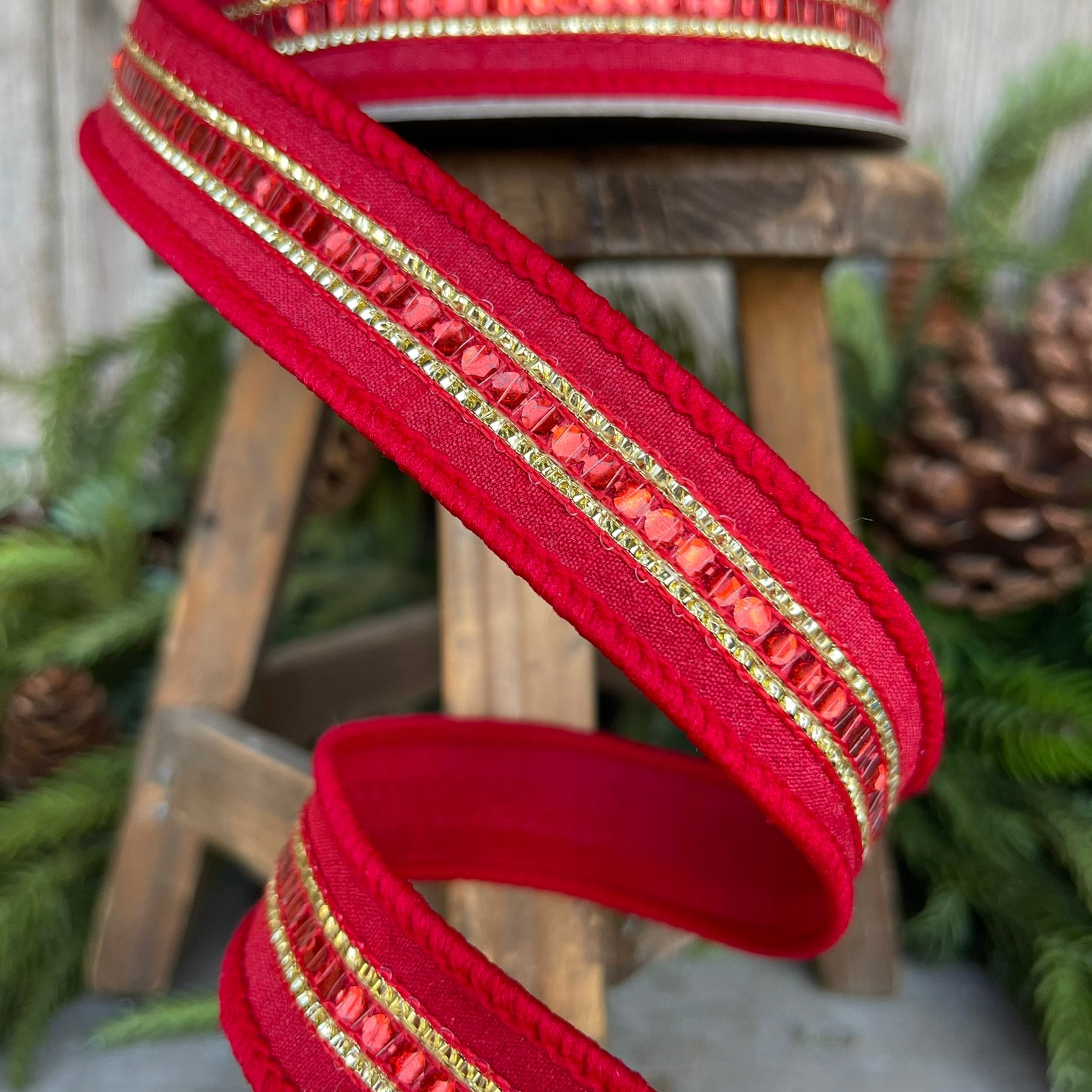 1" REd Twinkle Trim Ribbon, Farrisilk ribbon, REd Jeweled RIbbon