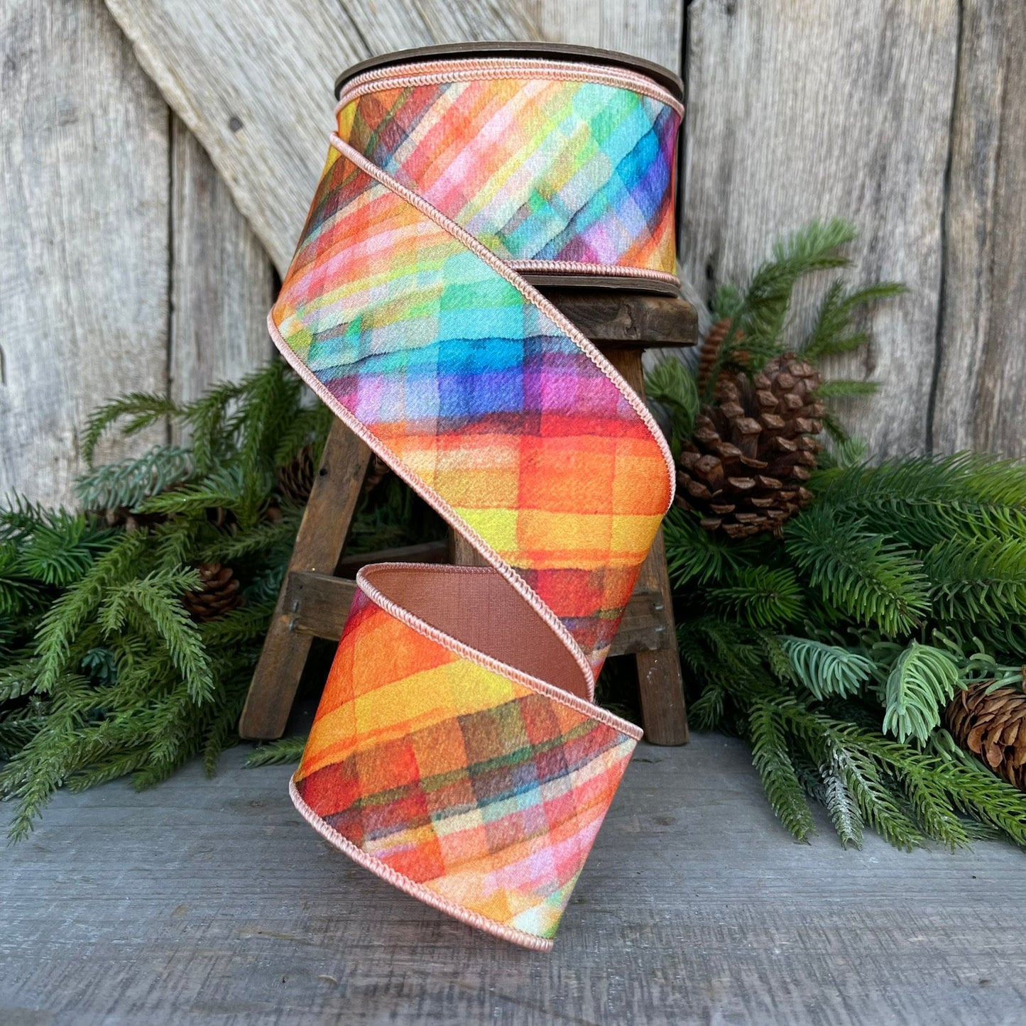 2.5" Watercolor Plaid WIred Ribbon, D. Stevens Ribbon, Spring Ribbon