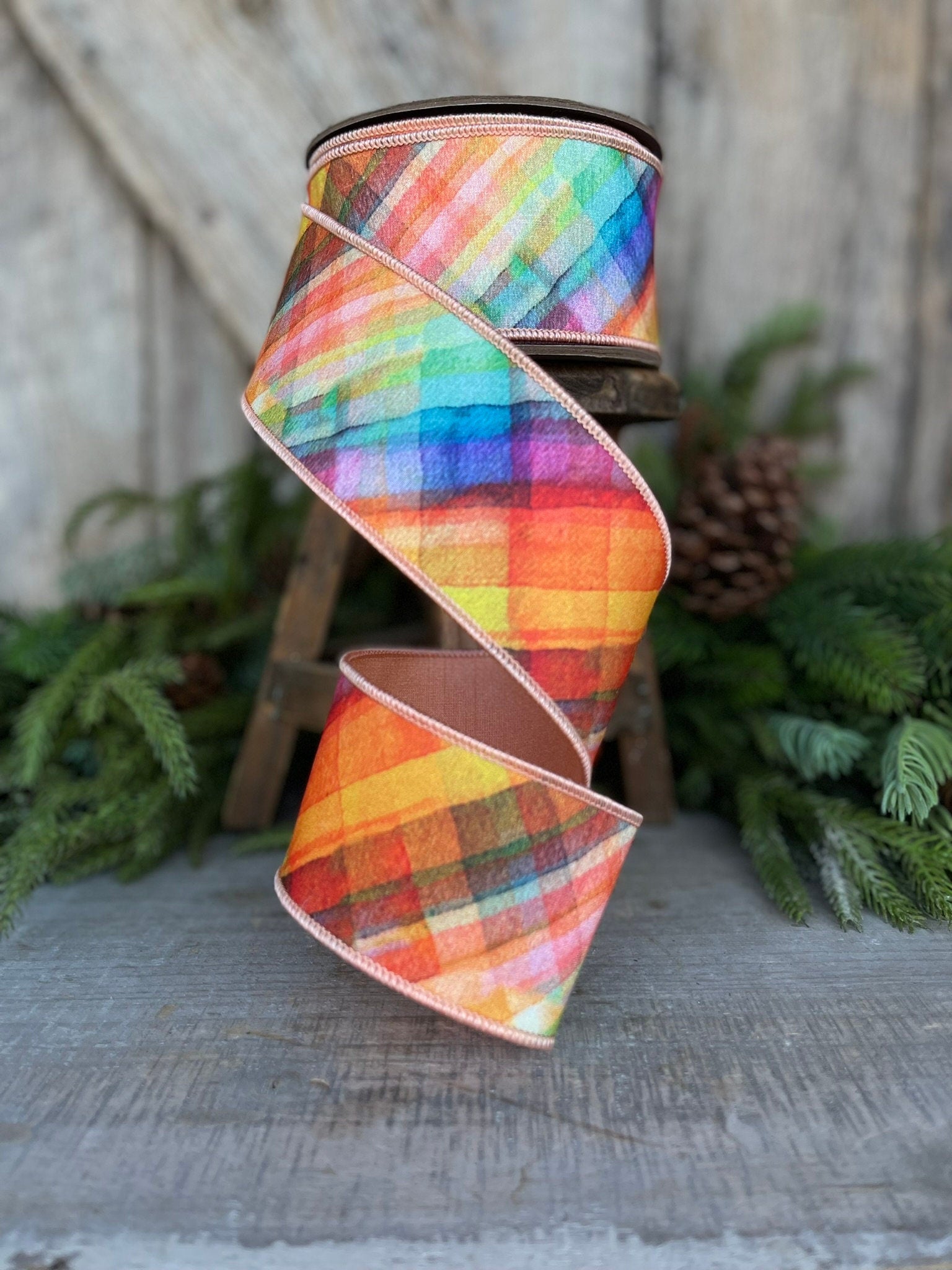 2.5" Watercolor Plaid WIred Ribbon, D. Stevens Ribbon