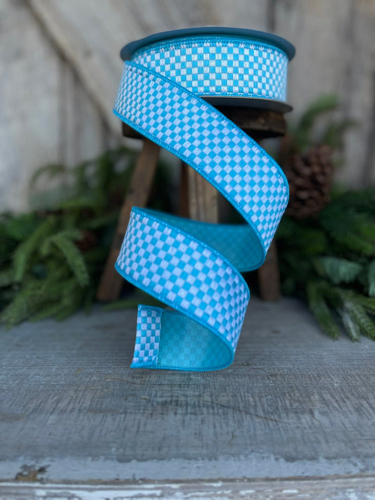 1.5" Turquoise Mini Checks Ribbon, Farrisilk Ribbon