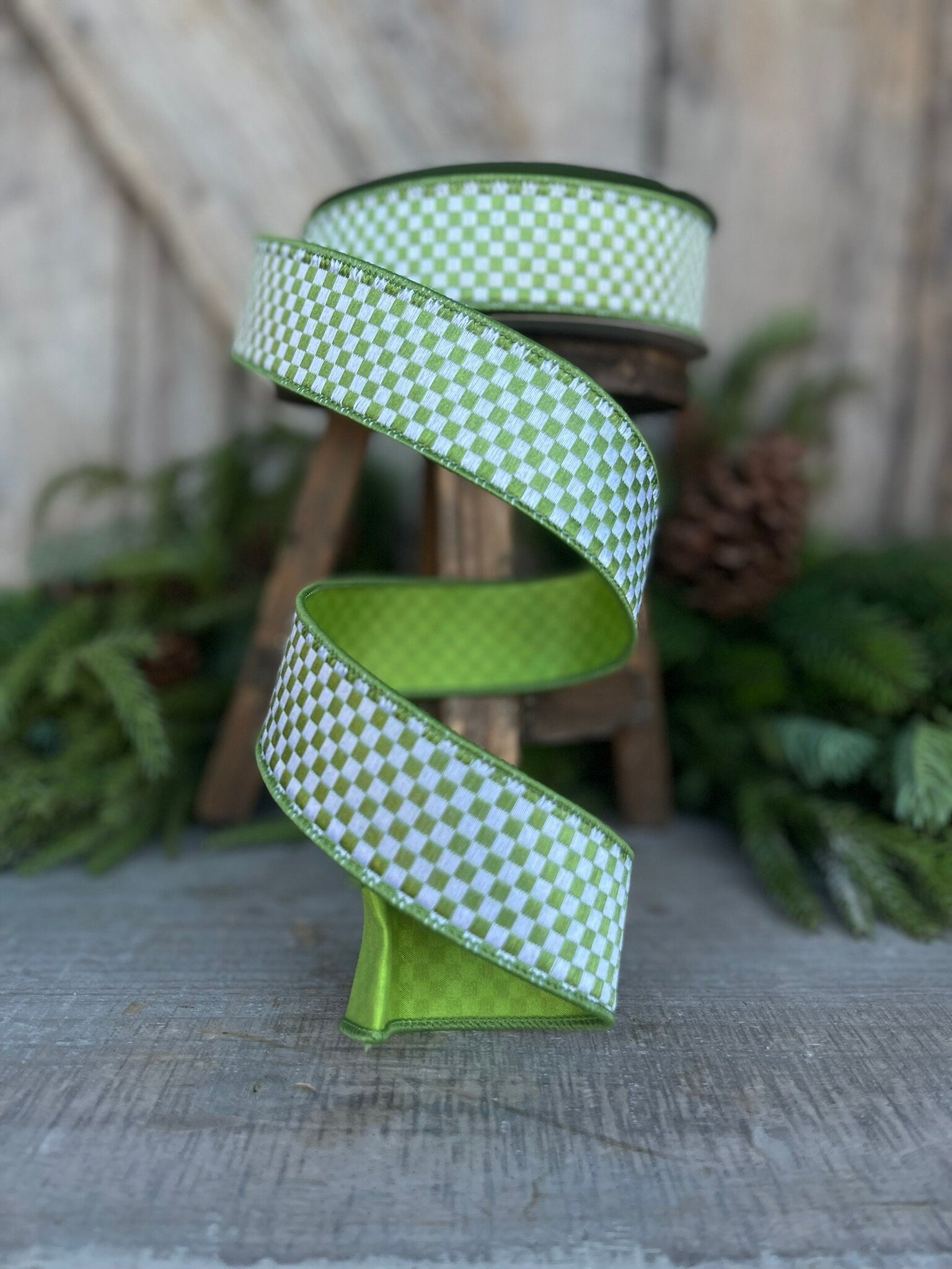 1.5" Lime Green Mini Checks Ribbon, Farrisilk Ribbon, Lime Green Micro Checks Ribbon