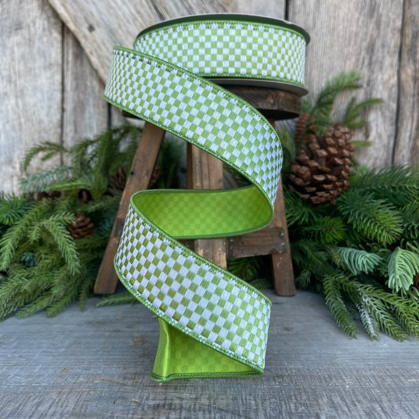 1.5" Lime Green Mini Checks Ribbon, Farrisilk Ribbon, Lime Green Micro Checks Ribbon