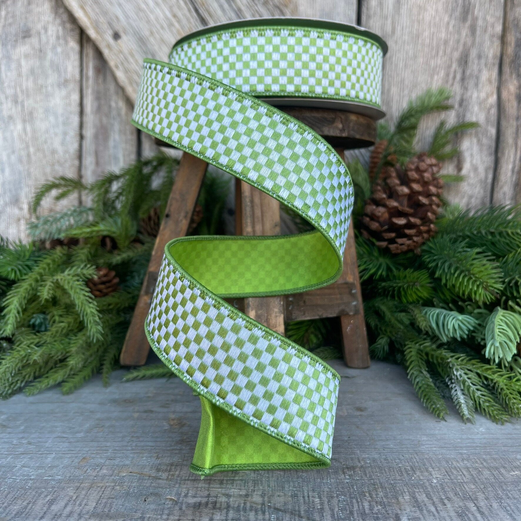 1.5" Lime Green Mini Checks Ribbon, Farrisilk Ribbon, Lime Green Micro Checks Ribbon