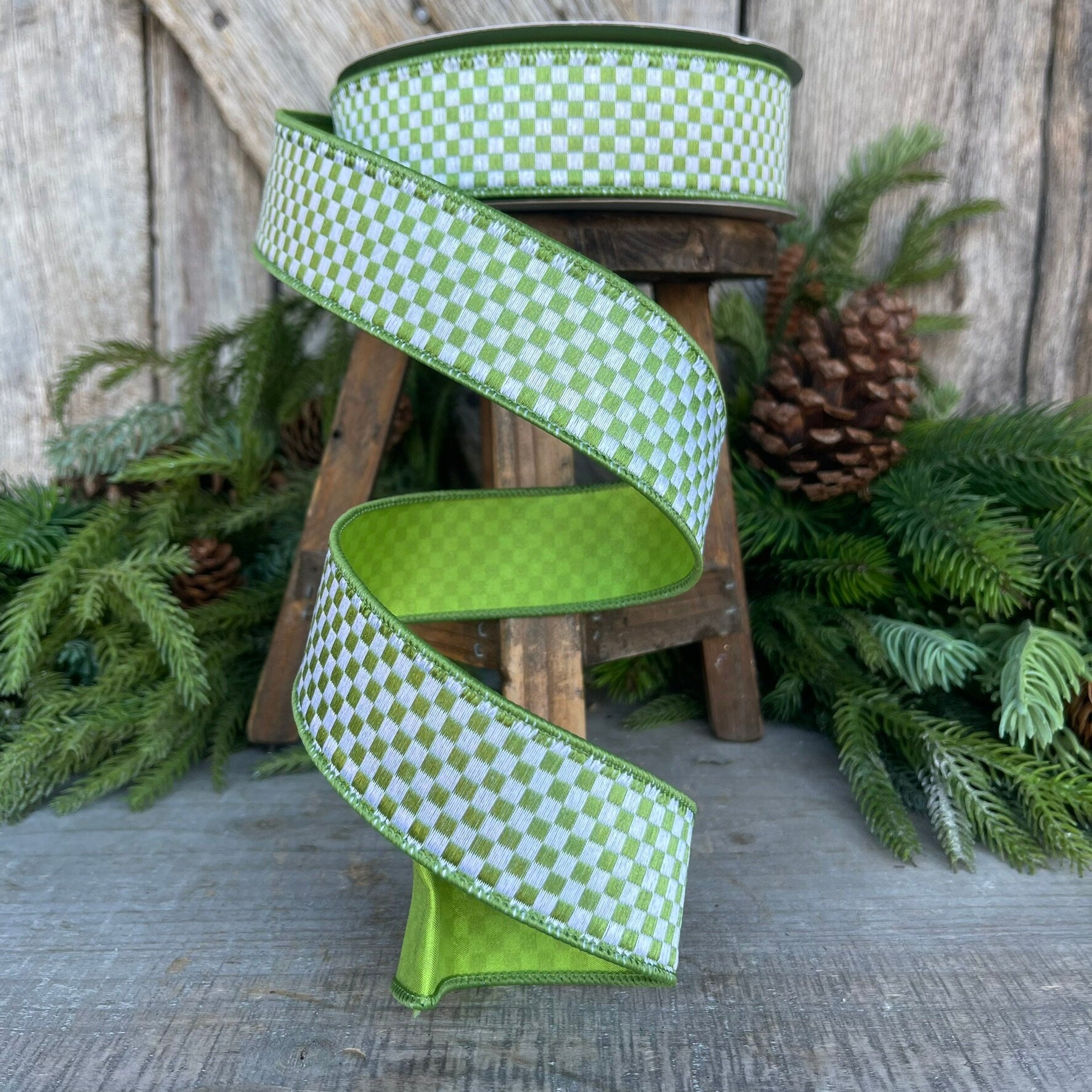 1.5" Lime Green Mini Checks Ribbon, Farrisilk Ribbon, Lime Green Micro Checks Ribbon