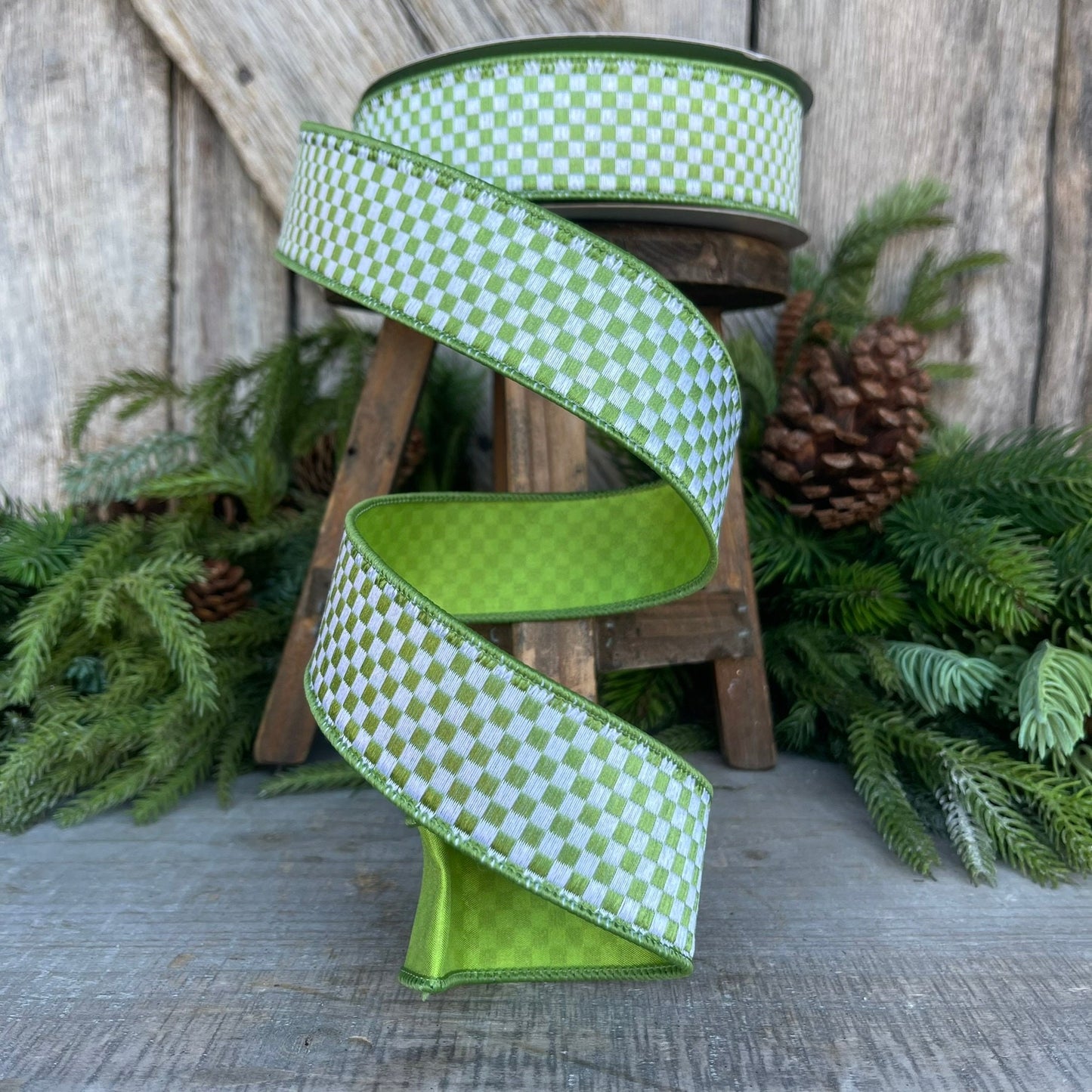 1.5" Lime Green Mini Checks Ribbon, Farrisilk Ribbon, Lime Green Micro Checks Ribbon