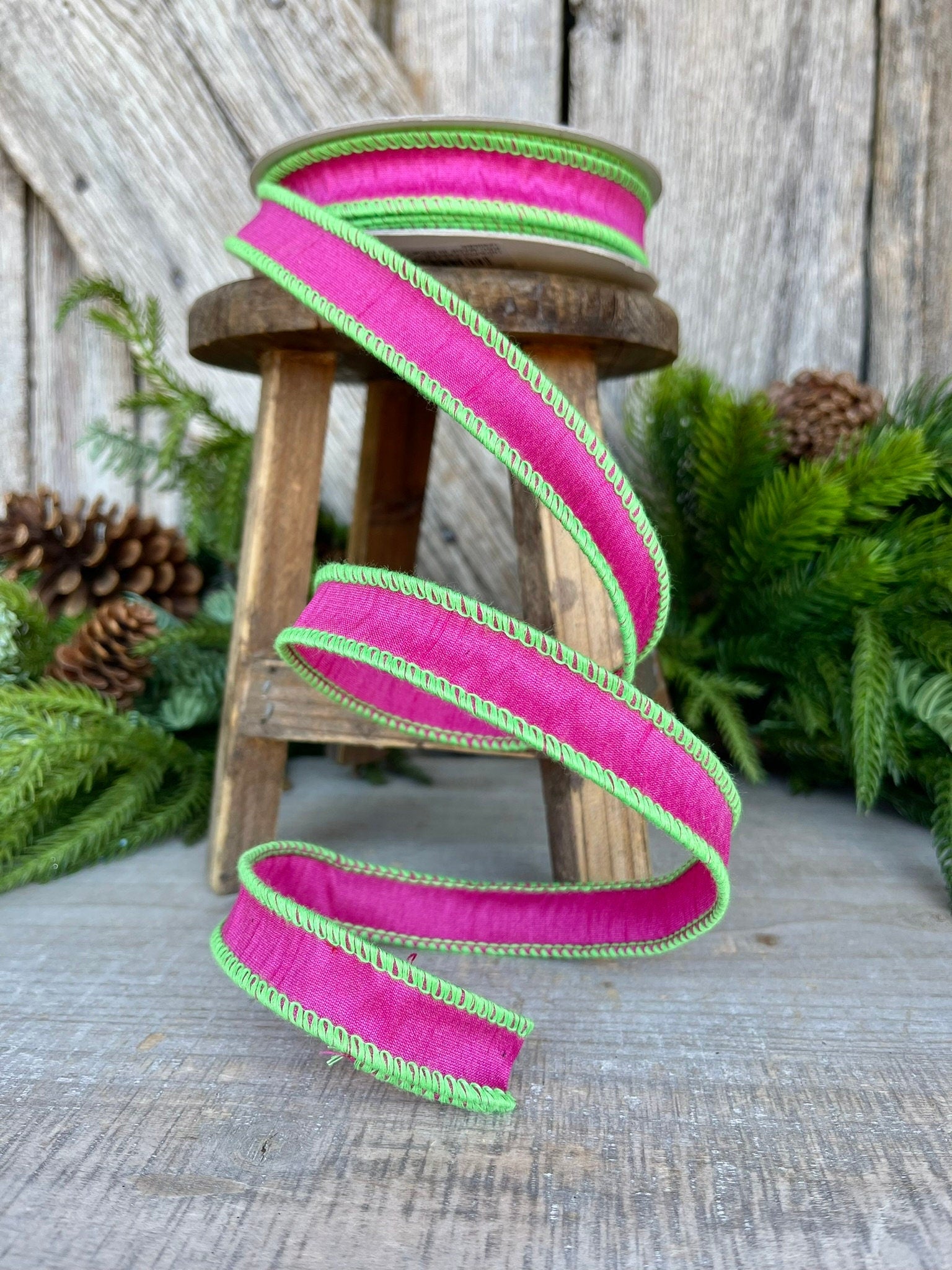 1" Hot Pink Lime Green Cord Ribbon, Hot Pink Ribbon, Narrow Ribbon, Wired RIbbon, Designer Ribbon,Spring RIbbon