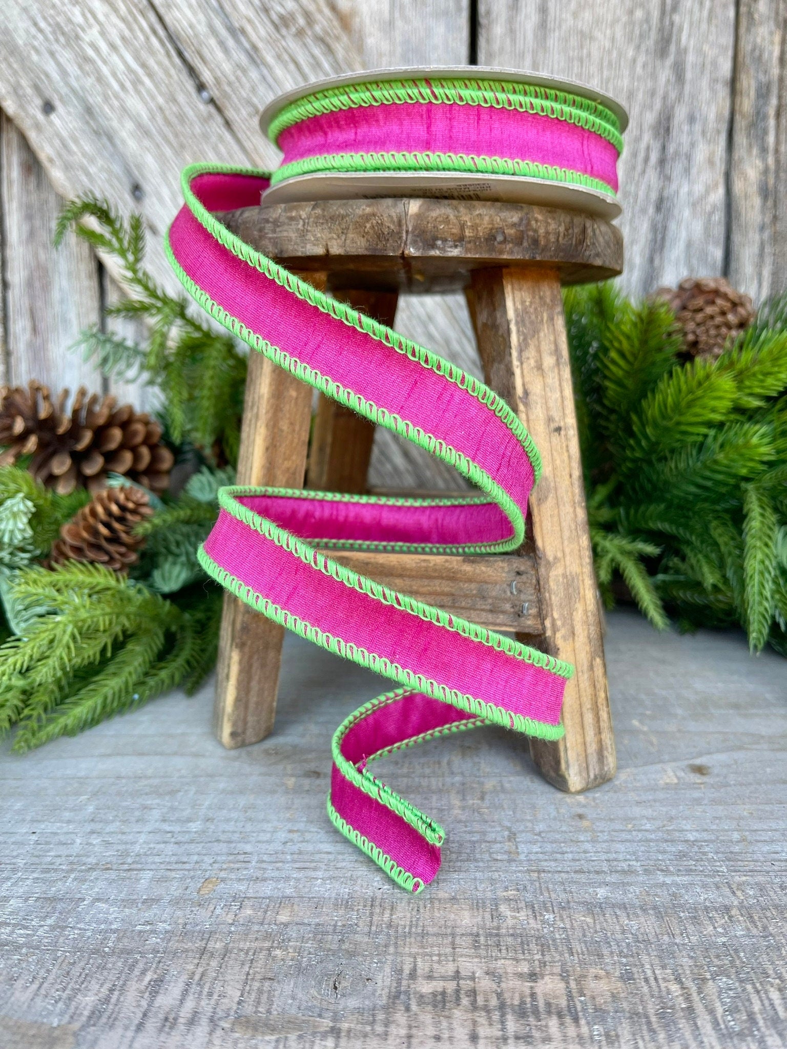 1" Hot Pink Lime Green Cord Ribbon, Hot Pink Ribbon, Narrow Ribbon, Wired RIbbon, Designer Ribbon,Spring RIbbon