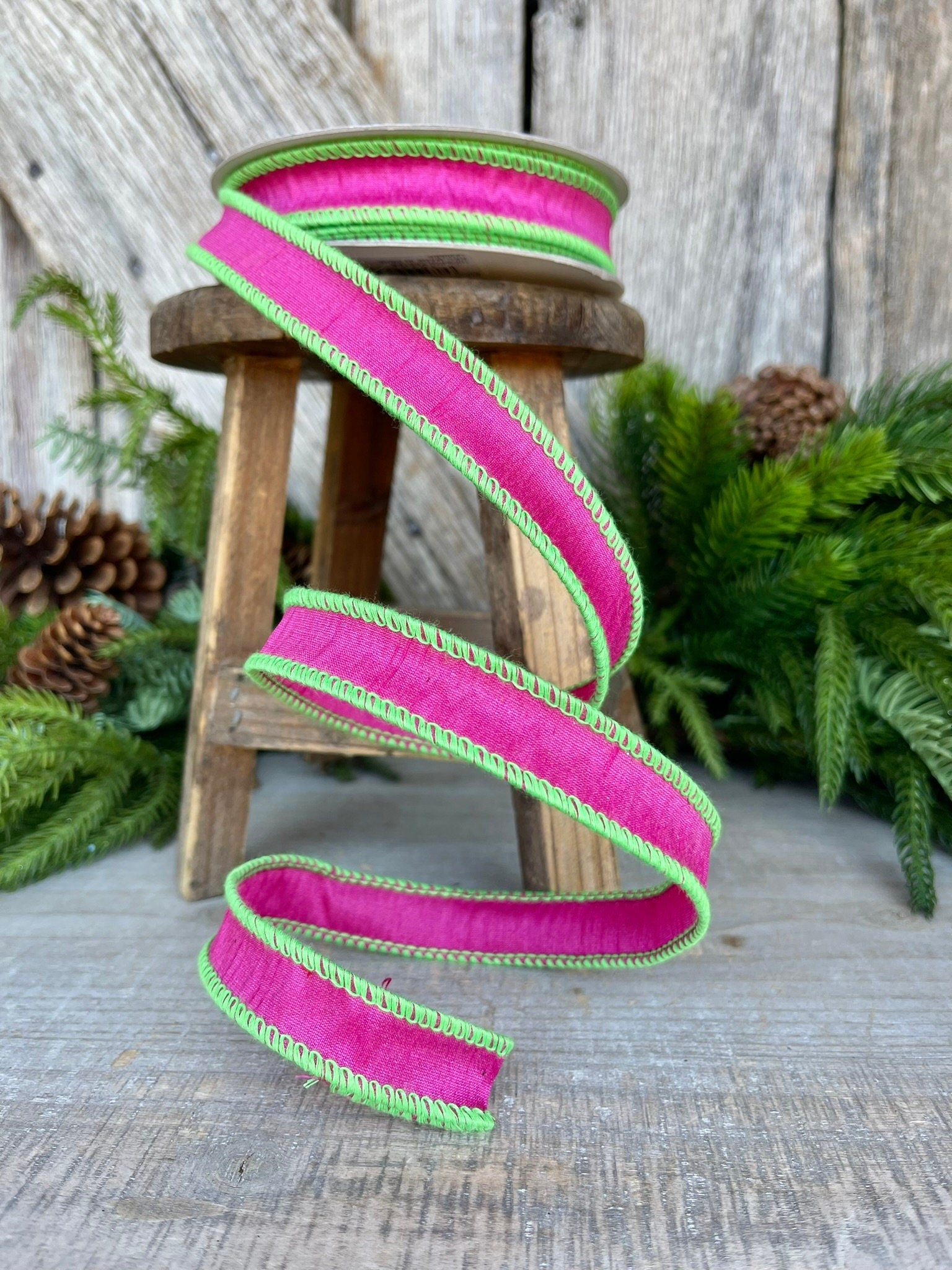 1" Hot Pink Lime Green Cord Ribbon, Hot Pink Ribbon, Narrow Ribbon, Wired RIbbon, Designer Ribbon,Spring RIbbon