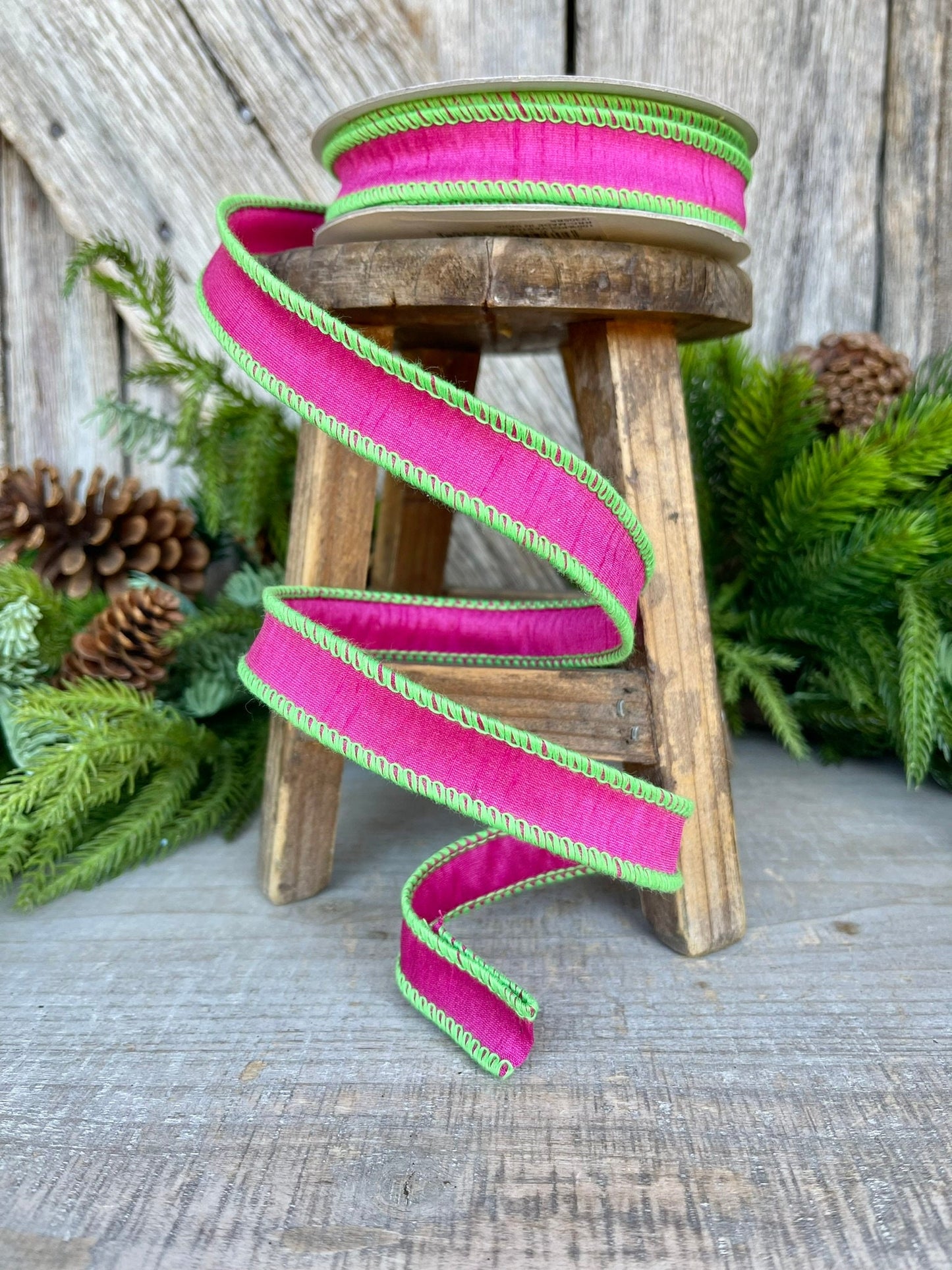 1" Hot Pink Lime Green Cord Ribbon, Hot Pink Ribbon, Narrow Ribbon, Wired RIbbon, Designer Ribbon,Spring RIbbon