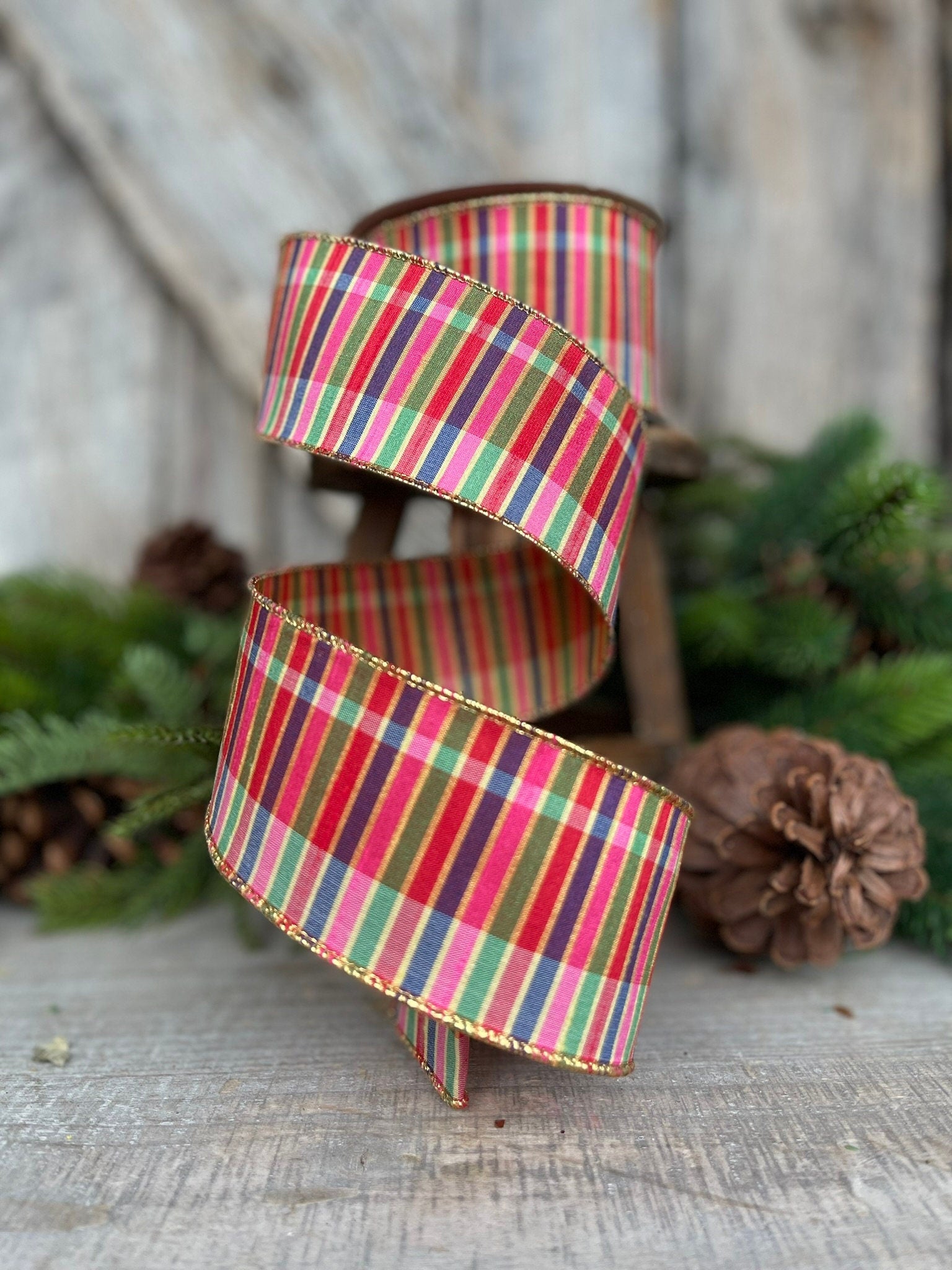 2.5" Cambridge Stripes Wired RIbbon, Multi Colored Ribbon, Farisilk Ribbon