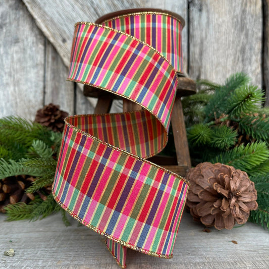 2.5" Cambridge Stripes Wired RIbbon, Multi Colored Ribbon