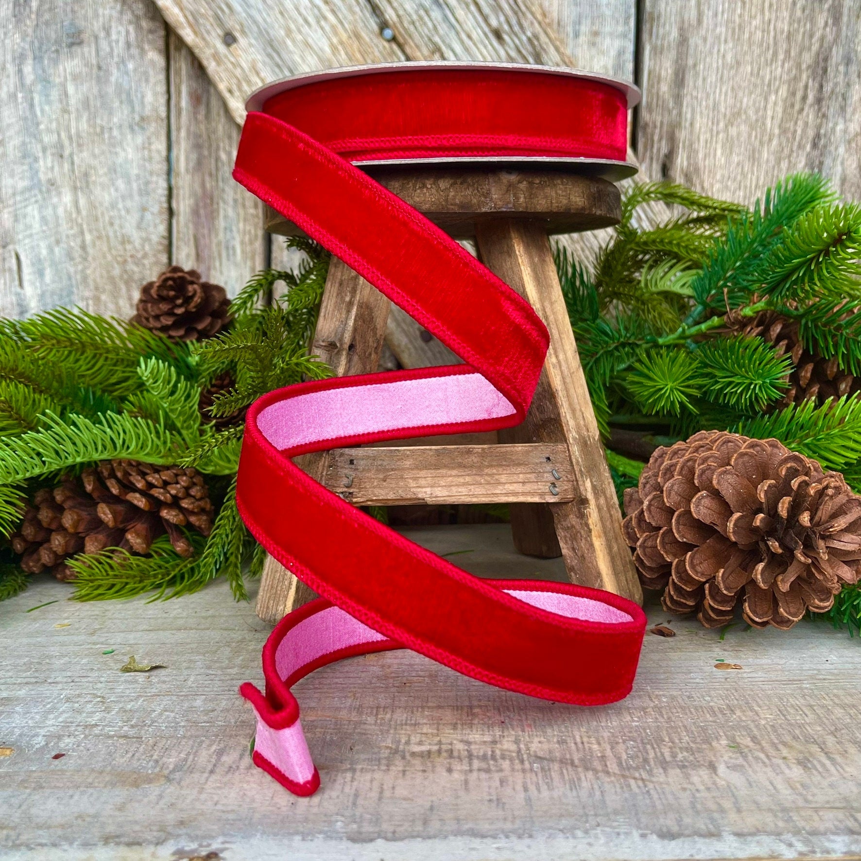 1" Red Pink Velvet, Farrisilk Ribbon, Wired Ribbon