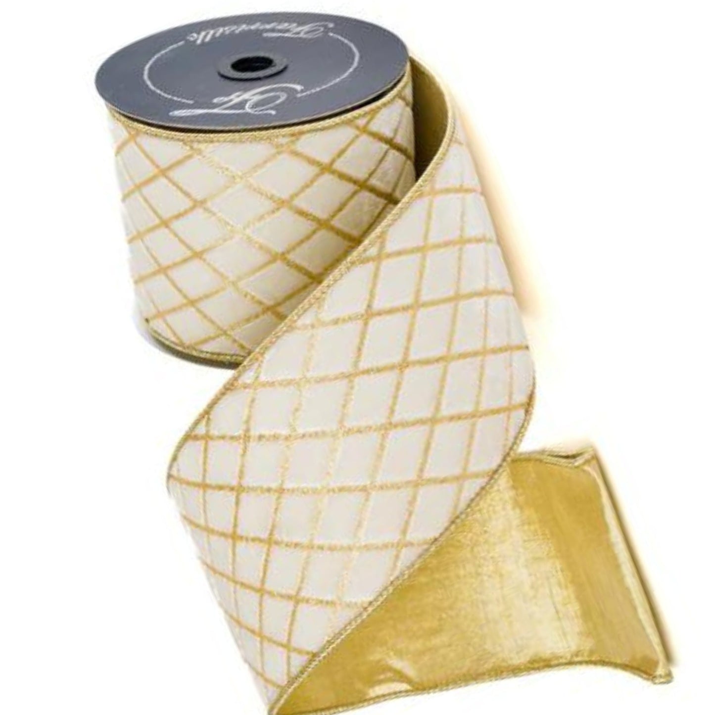 4" Ivory Velvet Metallic Diamonds Ribbon, Farrisilk Ribbon, Ivory and Gold Velvet