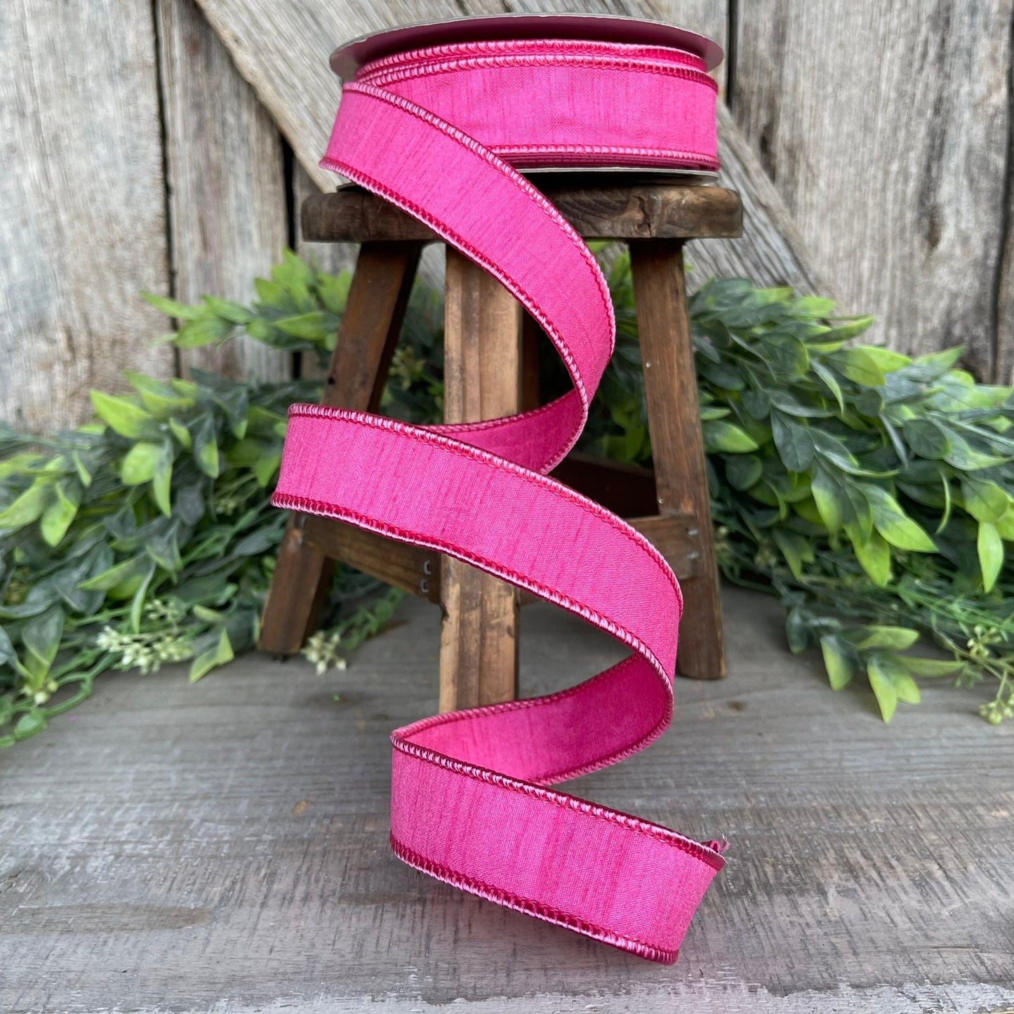 1” Pink Dupion Ribbon, Farrisilk ribbon, wired ribbon