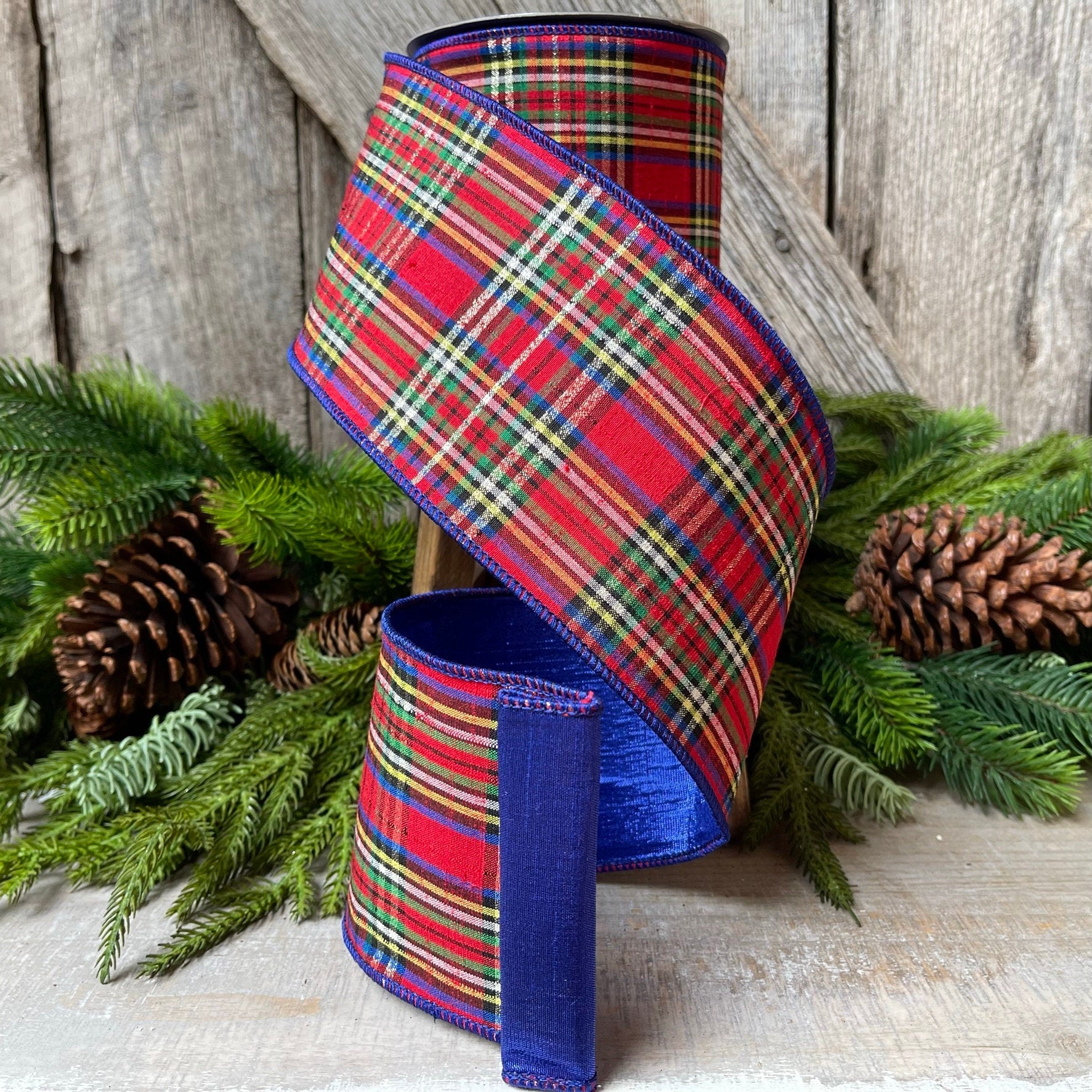 4" Blue Caroler Plaid RIbbon, Farrisilk Ribbon, Plaid RIbbon