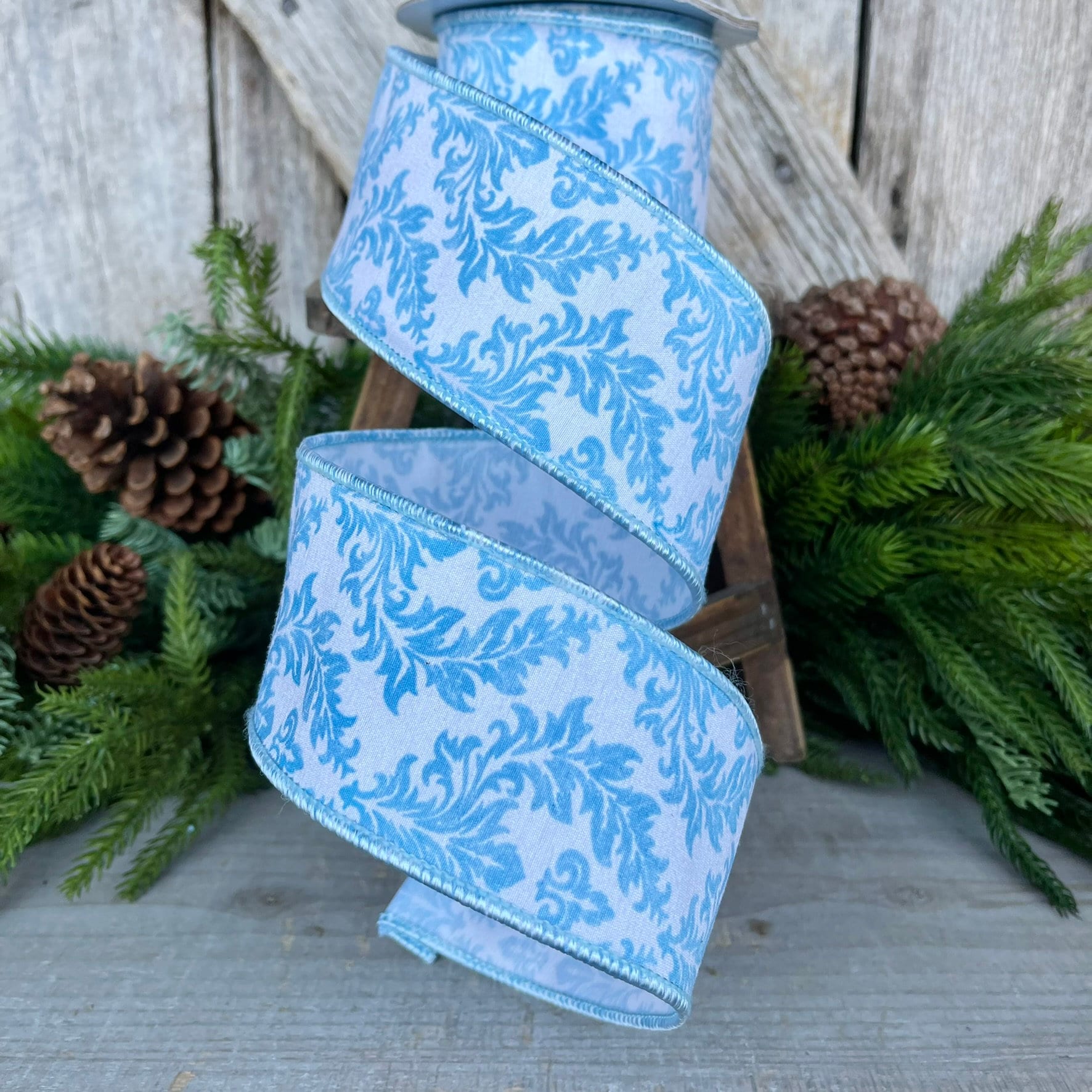 2.5" Blue Scroll Wired Ribbon, Blue and White Ribbon