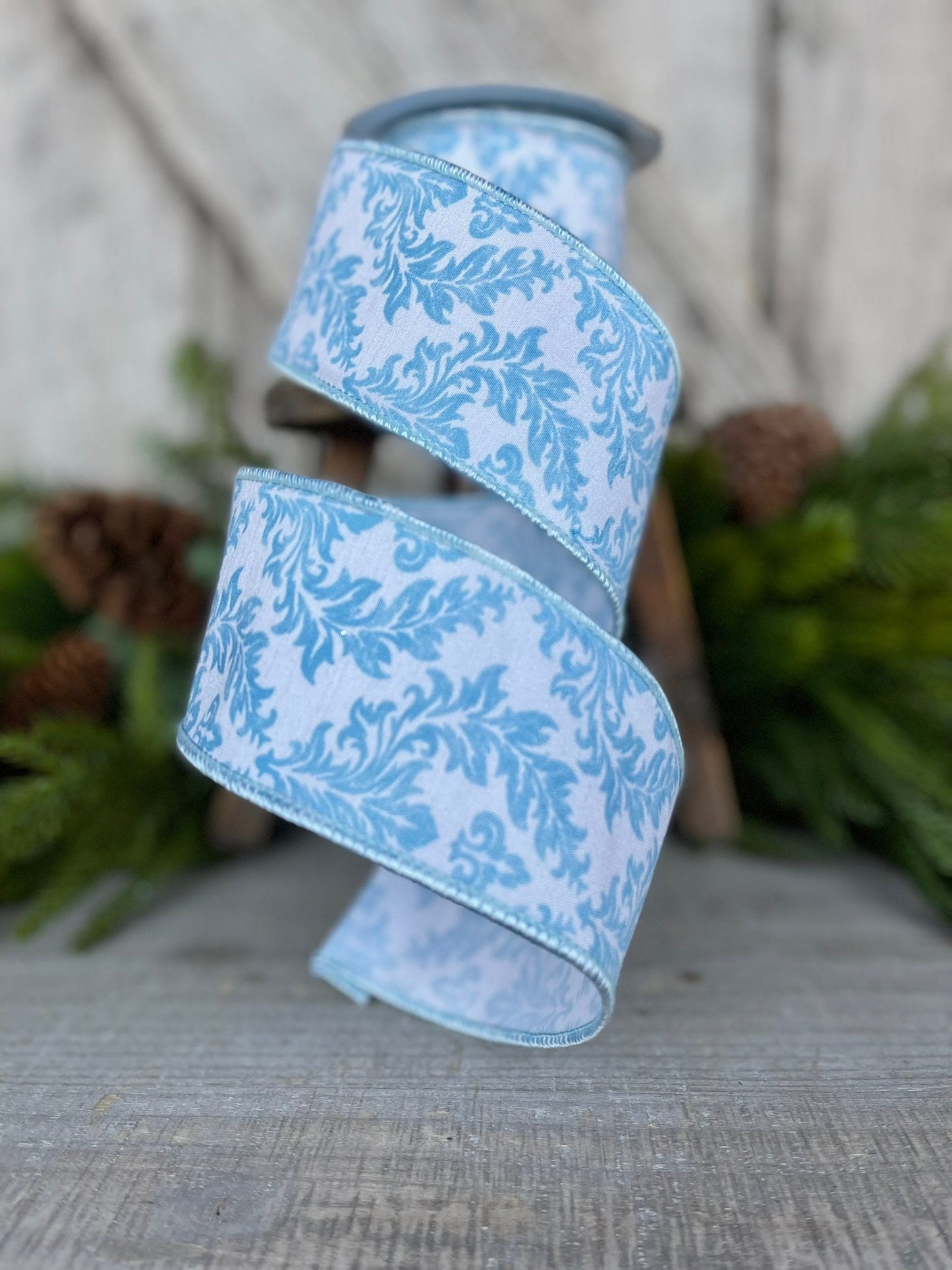 2.5" Blue Scroll Wired Ribbon, Blue and White Ribbon, Christmas RIbbon