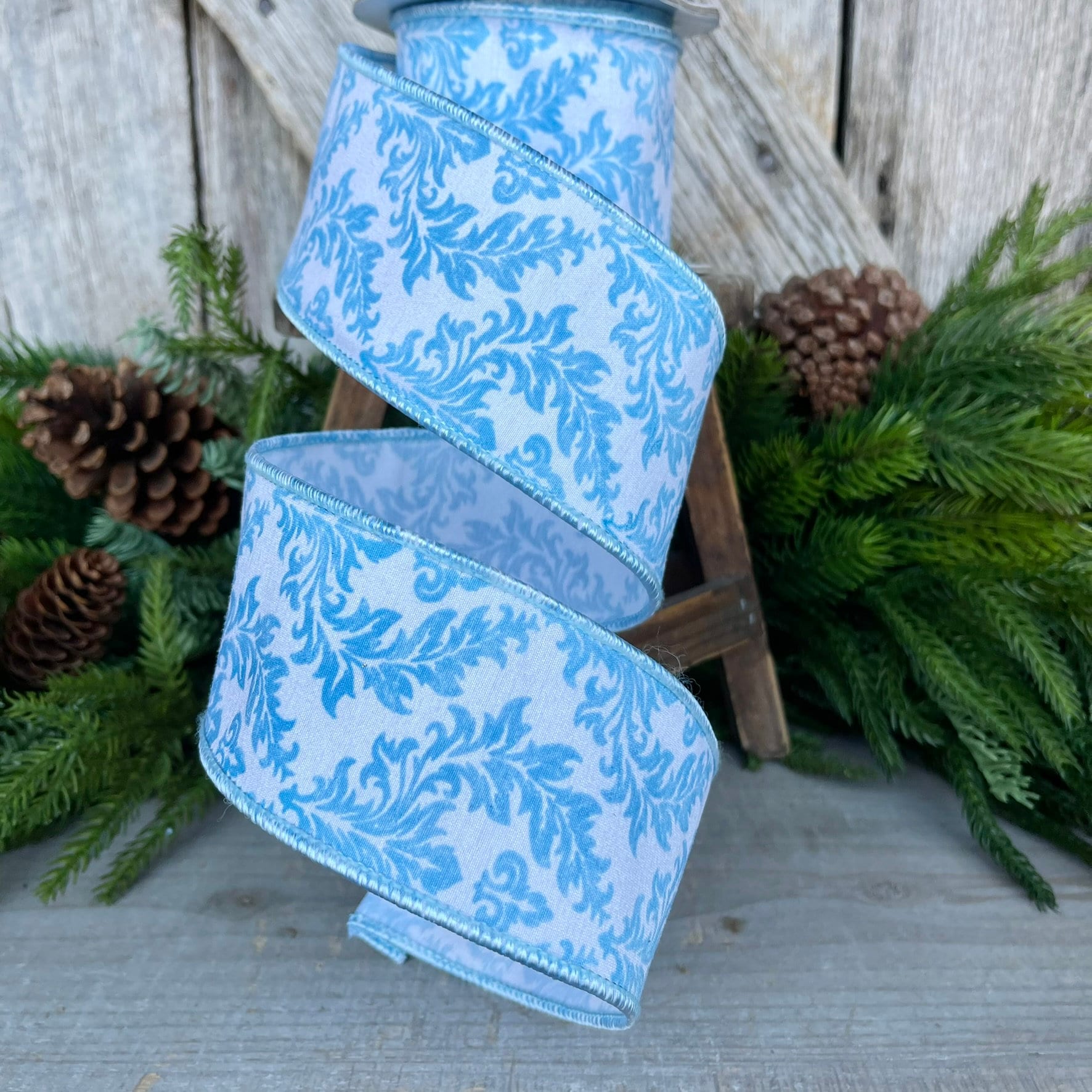 2.5" Blue Scroll Wired Ribbon, Blue and White Ribbon