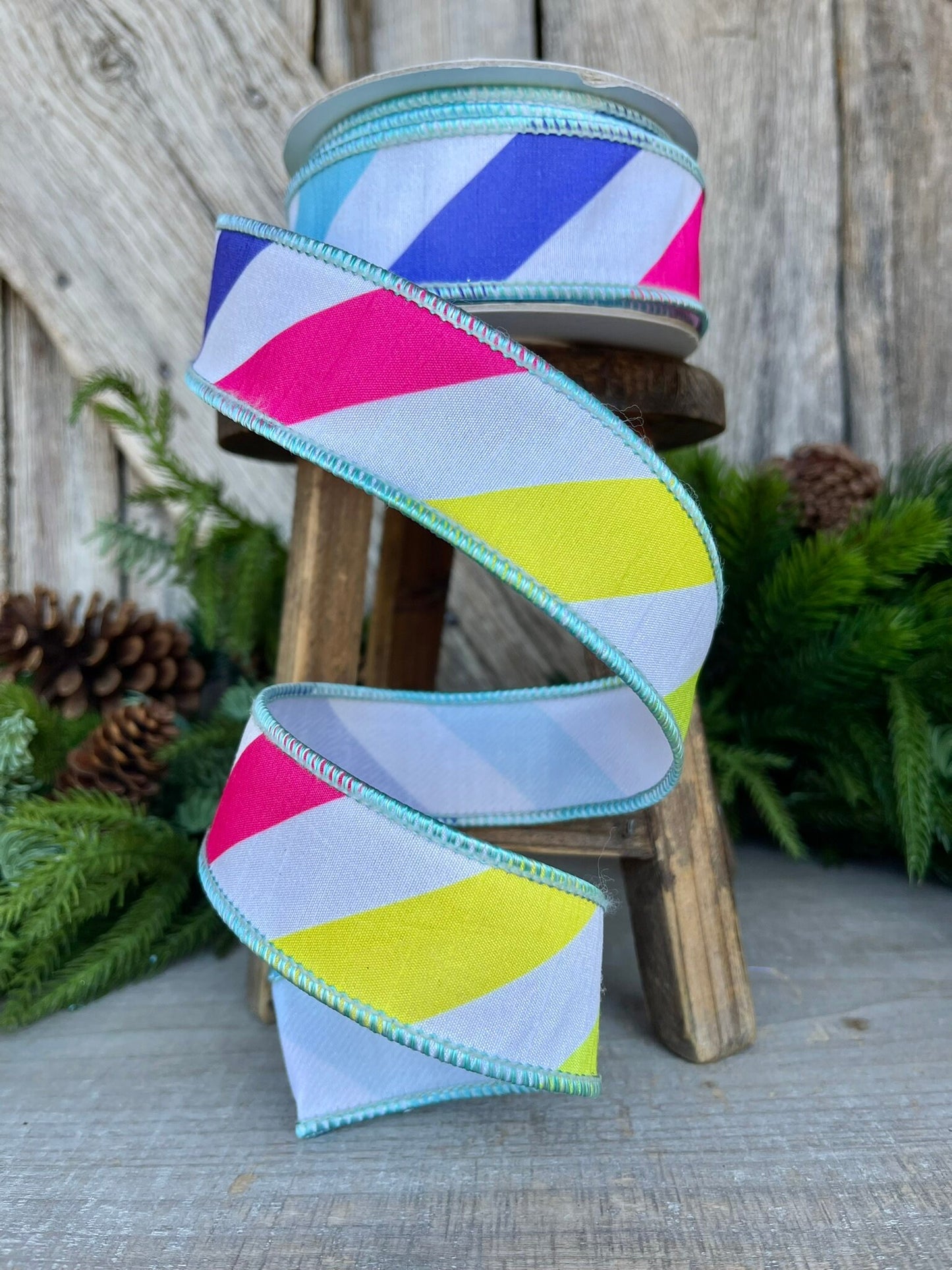 1.5" Rainbow Diagonal Stripe, Wired Ribbon, Summer Ribbon