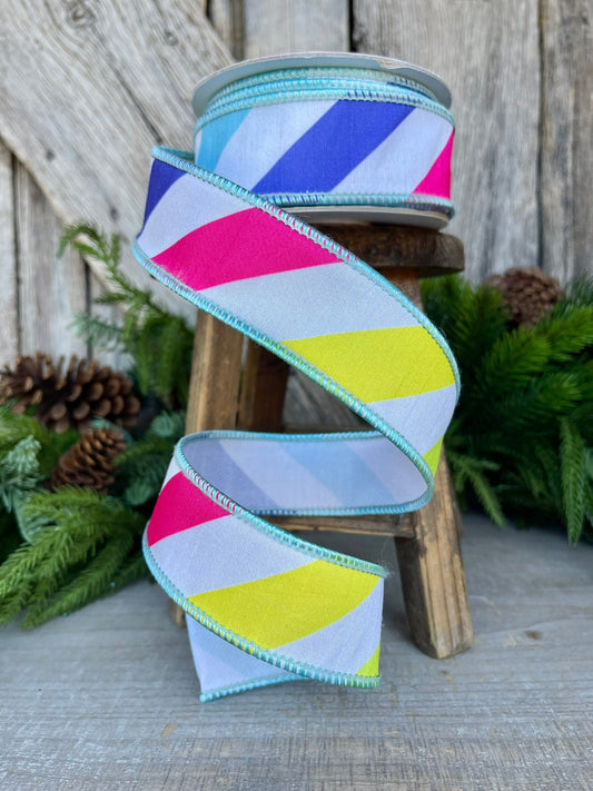 1.5" Rainbow Diagonal Stripe, Wired Ribbon